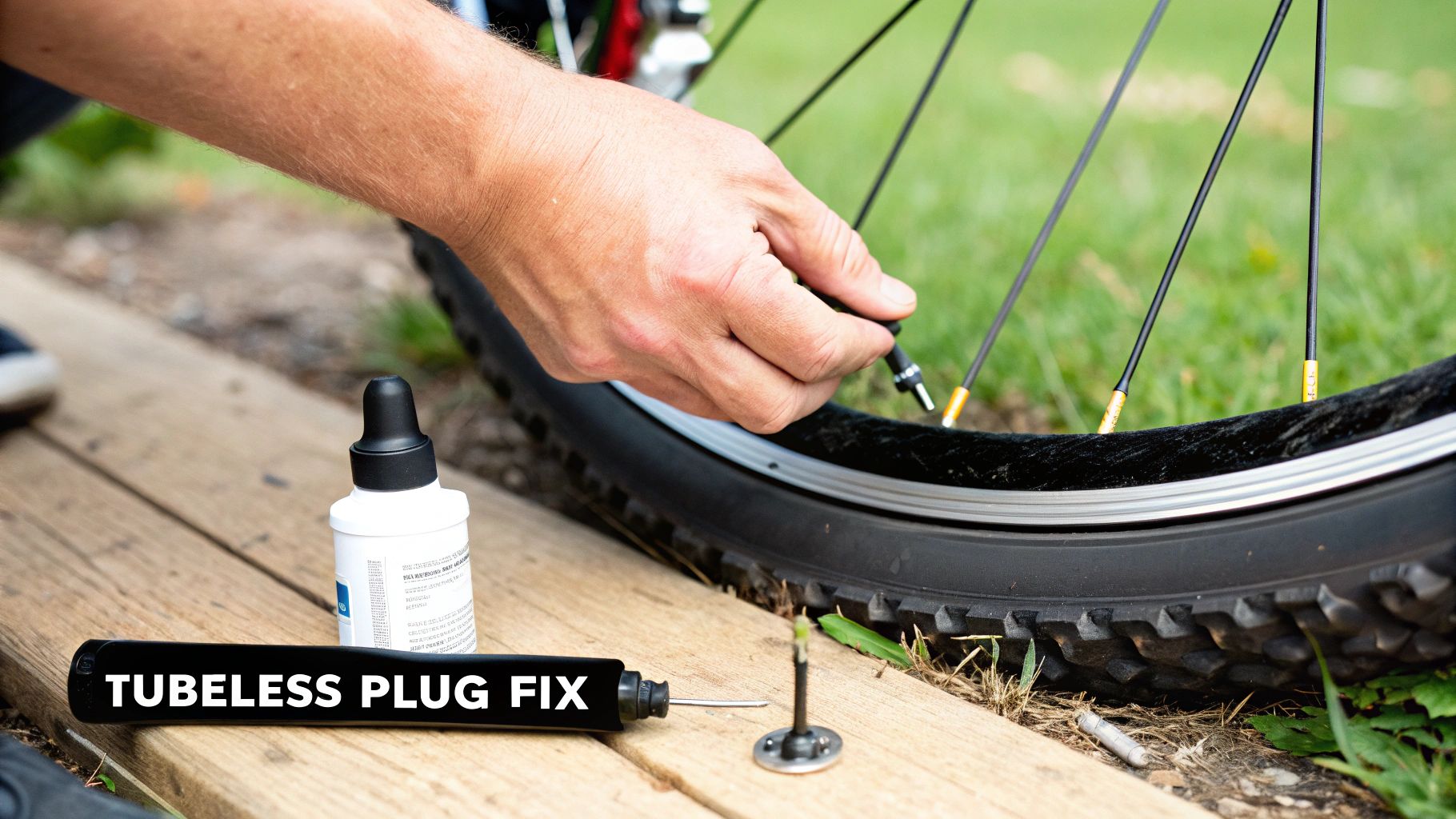 Close-up of hands repairing a tubeless bicycle tire with sealant and a plug fix tool.