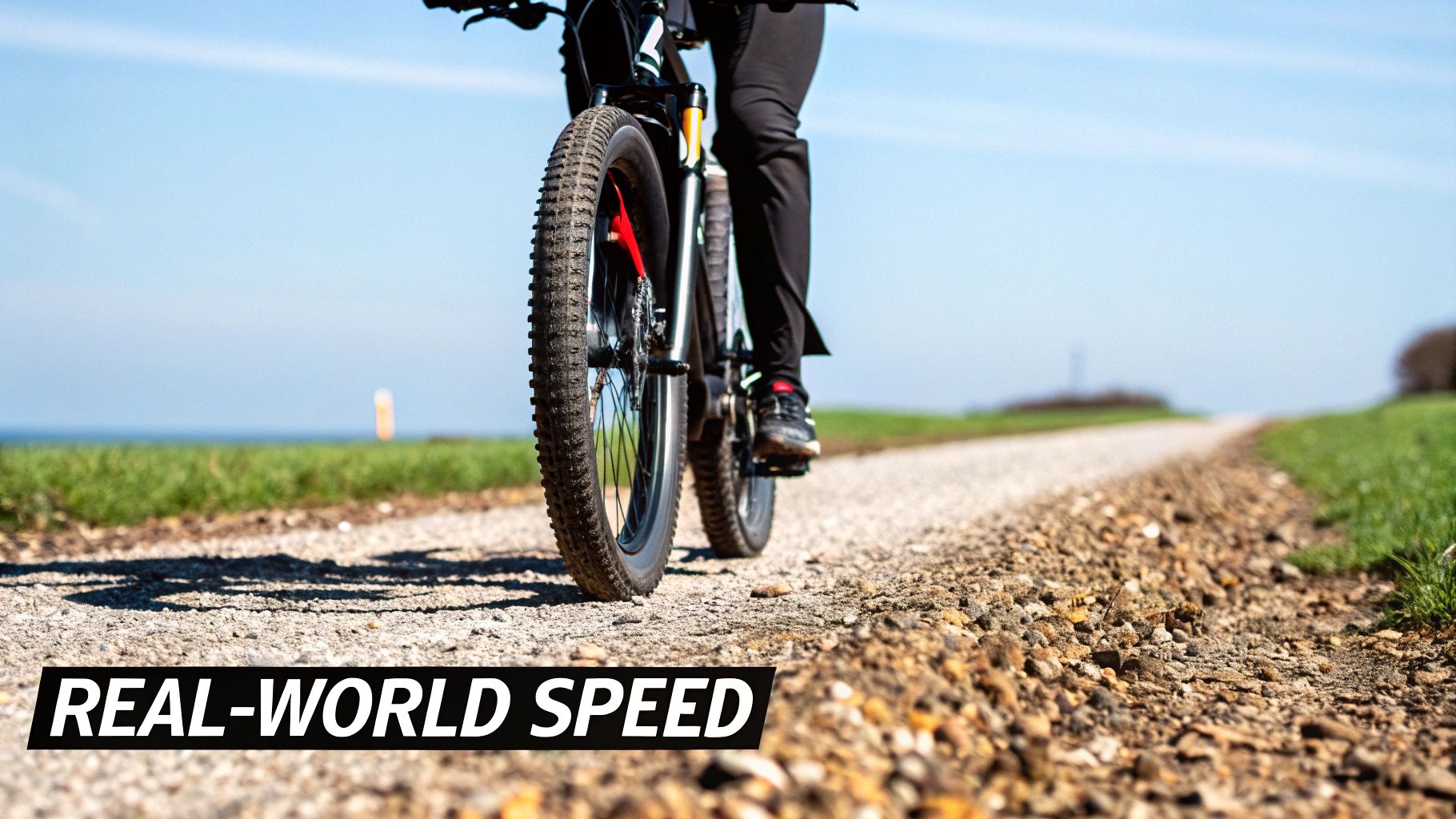 A person rides an e-bike on a gravel path through a green field under a clear blue sky.