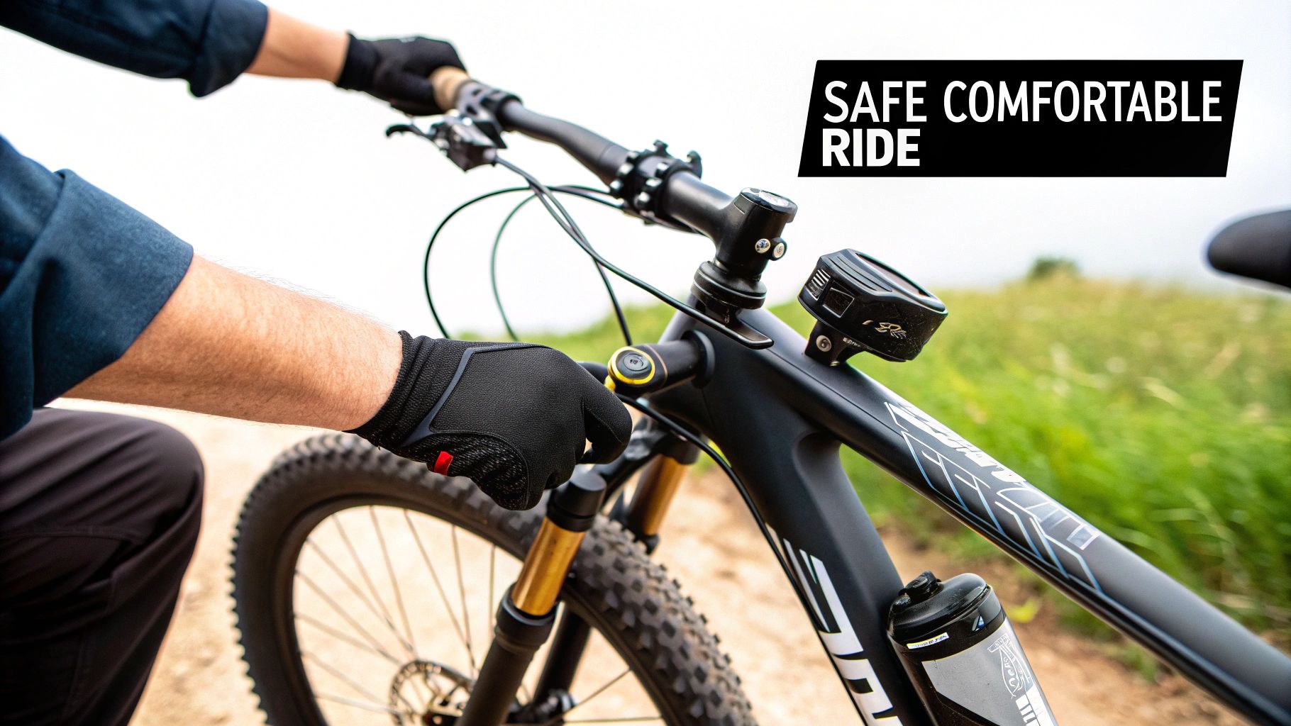 A person's hands in gloves on a black mountain bike, highlighting a safe and comfortable ride.