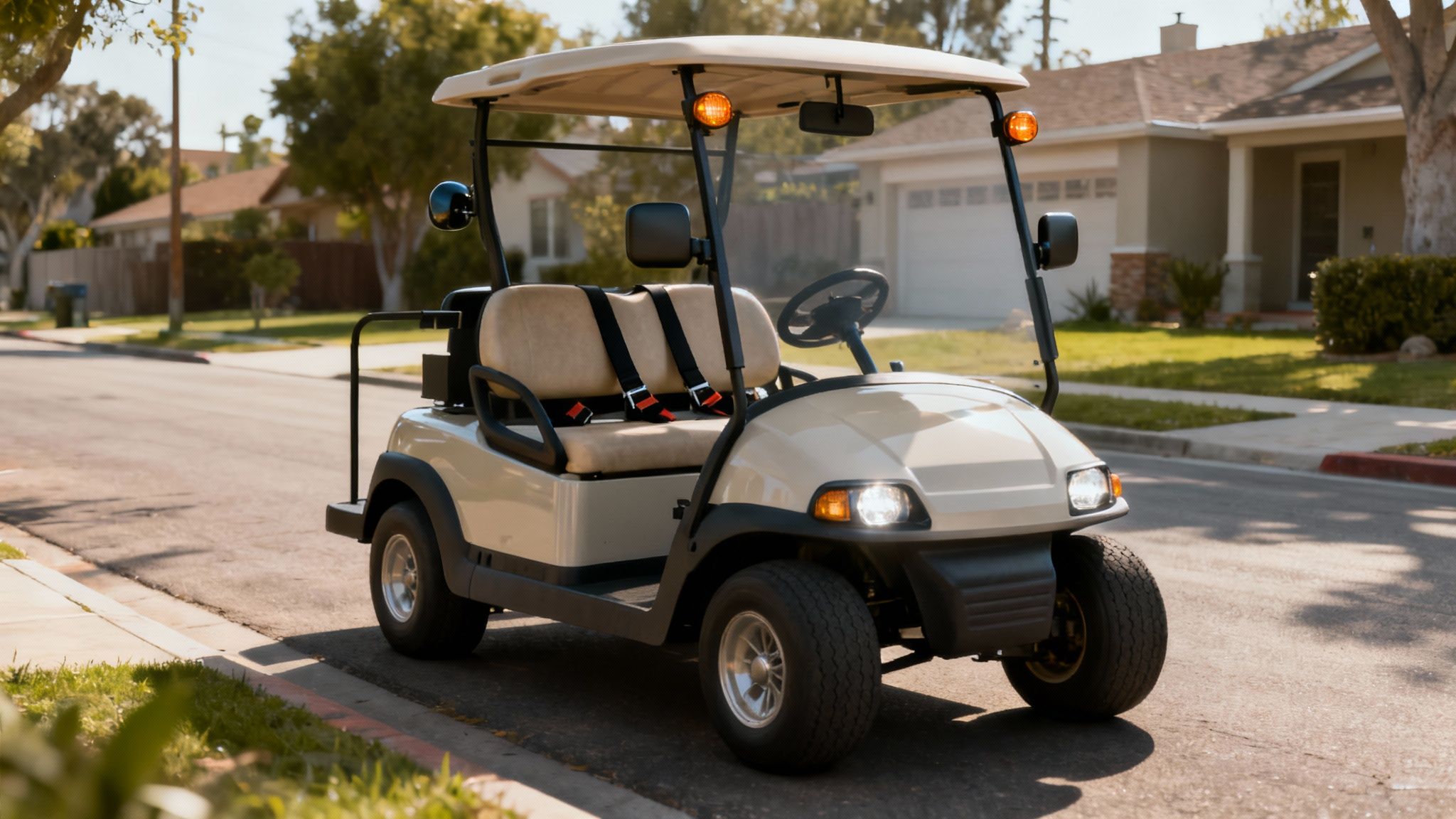 A modern white golf cart equipped with street-legal features parked in a driveway.