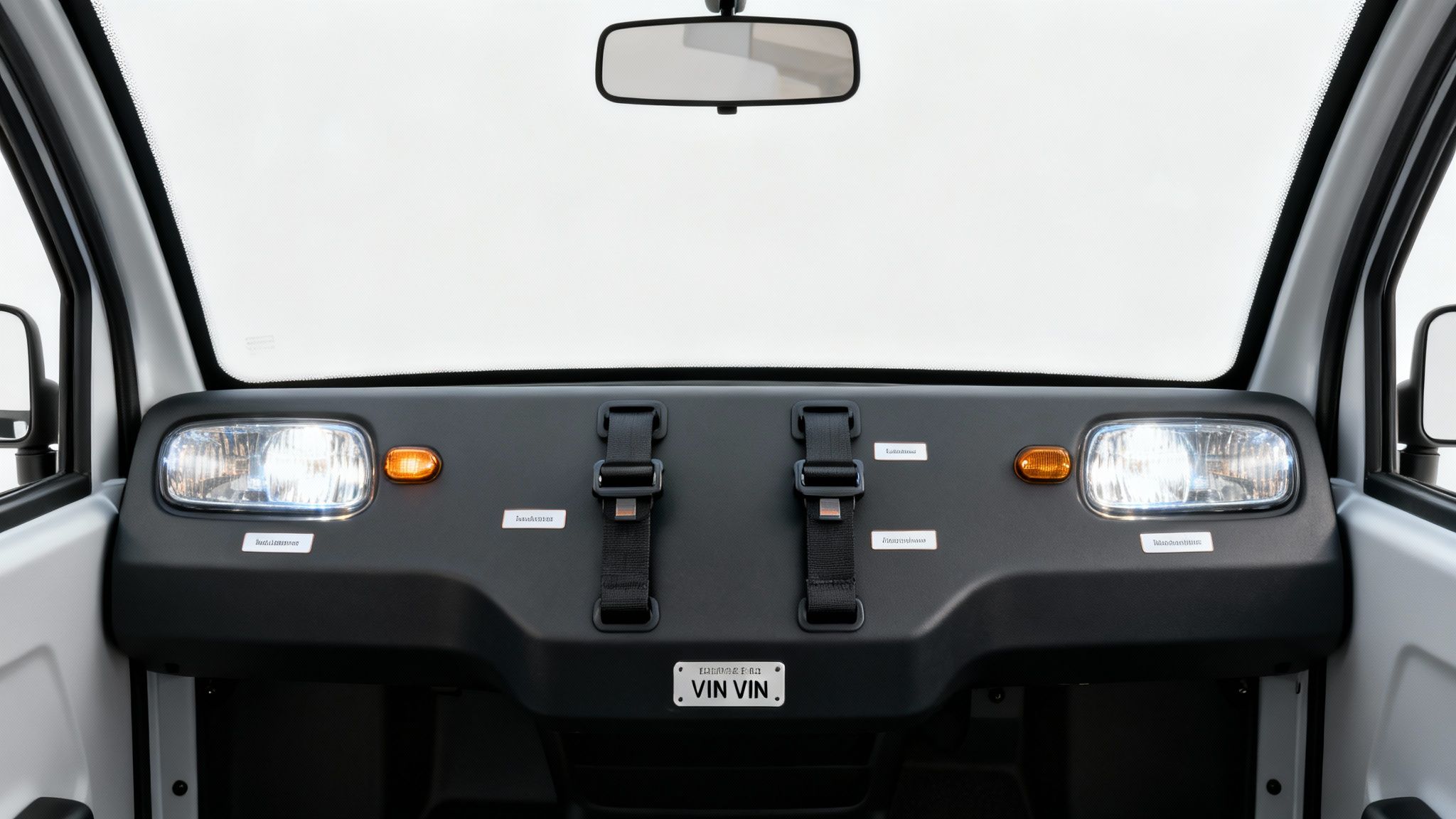 A golf cart with bright headlights turned on, ready for nighttime driving.