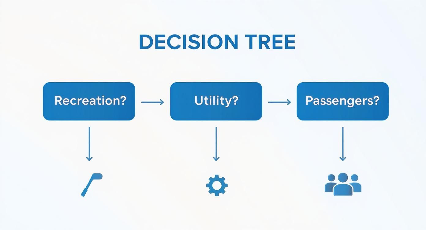Infographic decision tree guiding users to the right Solana EV golf cart based on their needs for recreation, utility, or passengers.