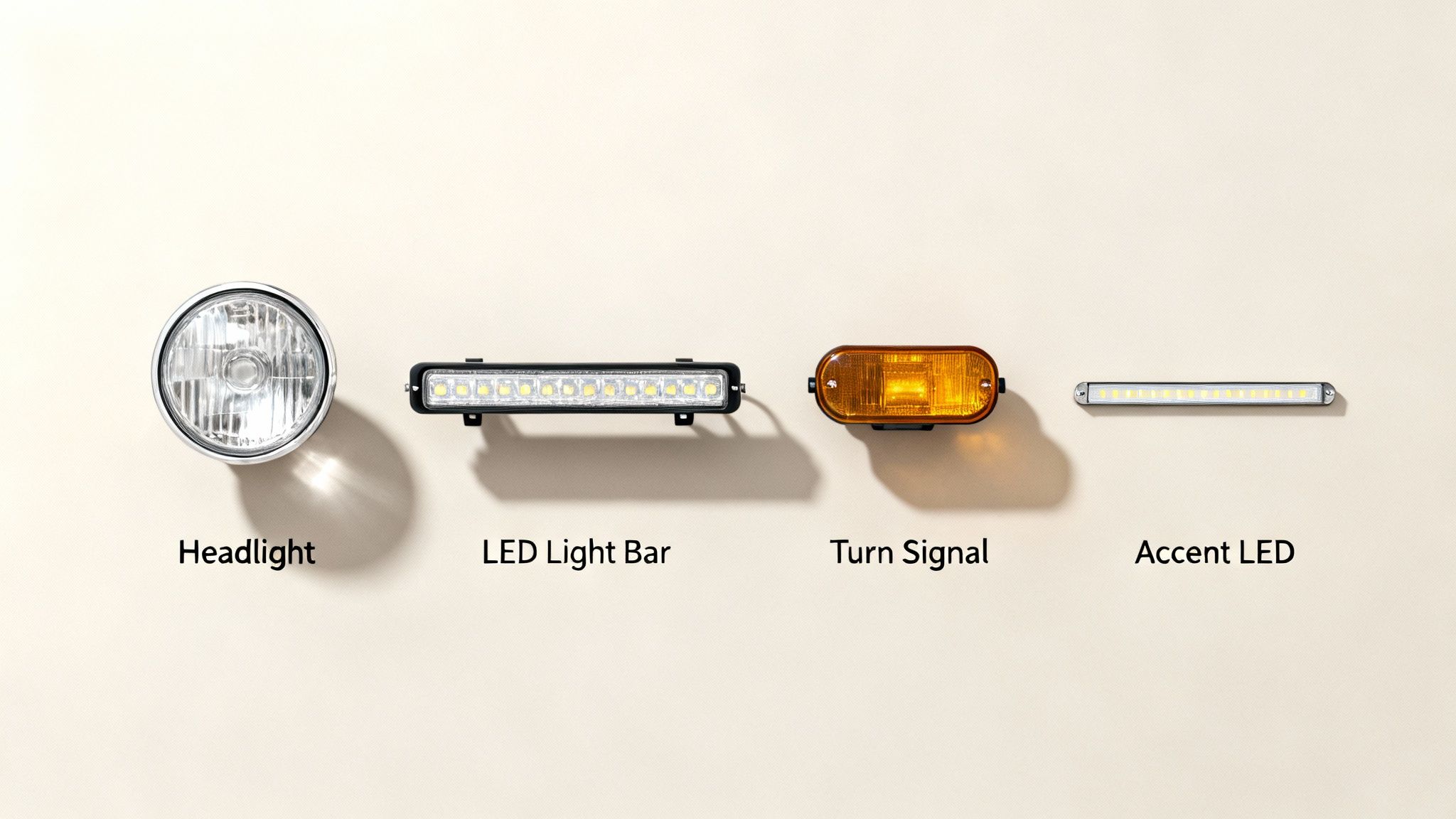 Four distinct golf cart lights: headlight, LED light bar, turn signal, and accent LED.
