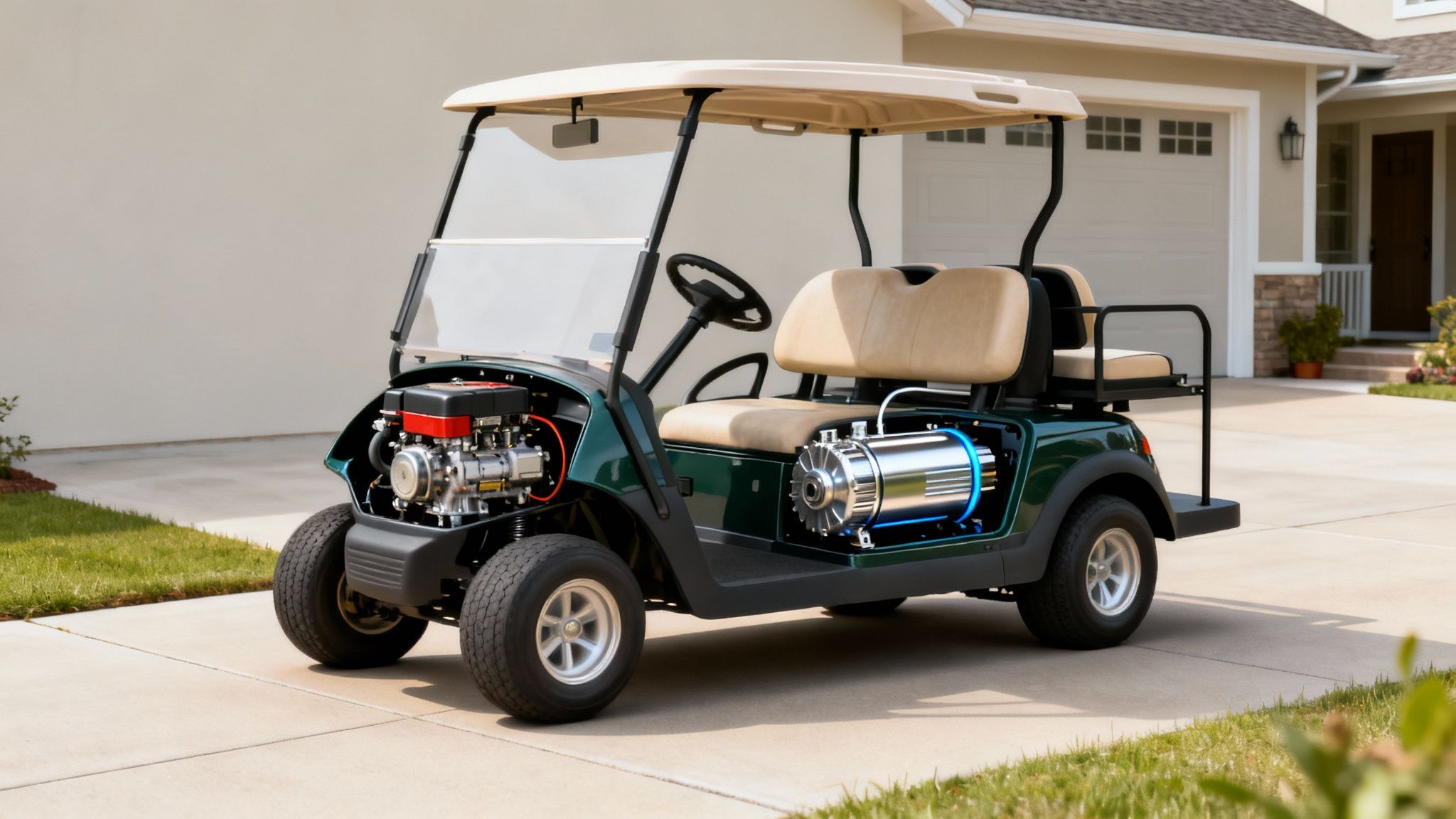 Dark green golf cart on a driveway, revealing an exposed gas engine and electric motor.