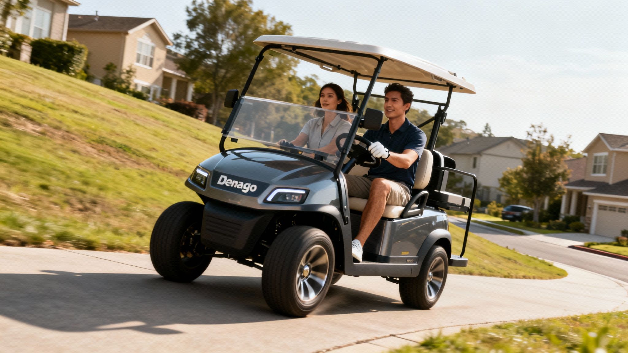 Man and woman smiling while driving a Denago golf cart on a residential street.