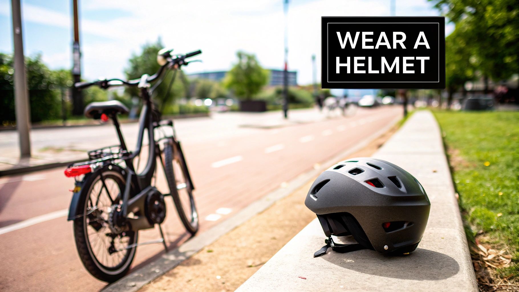Gray bicycle helmet resting on concrete ledge next to parked bike with wear a helmet safety sign