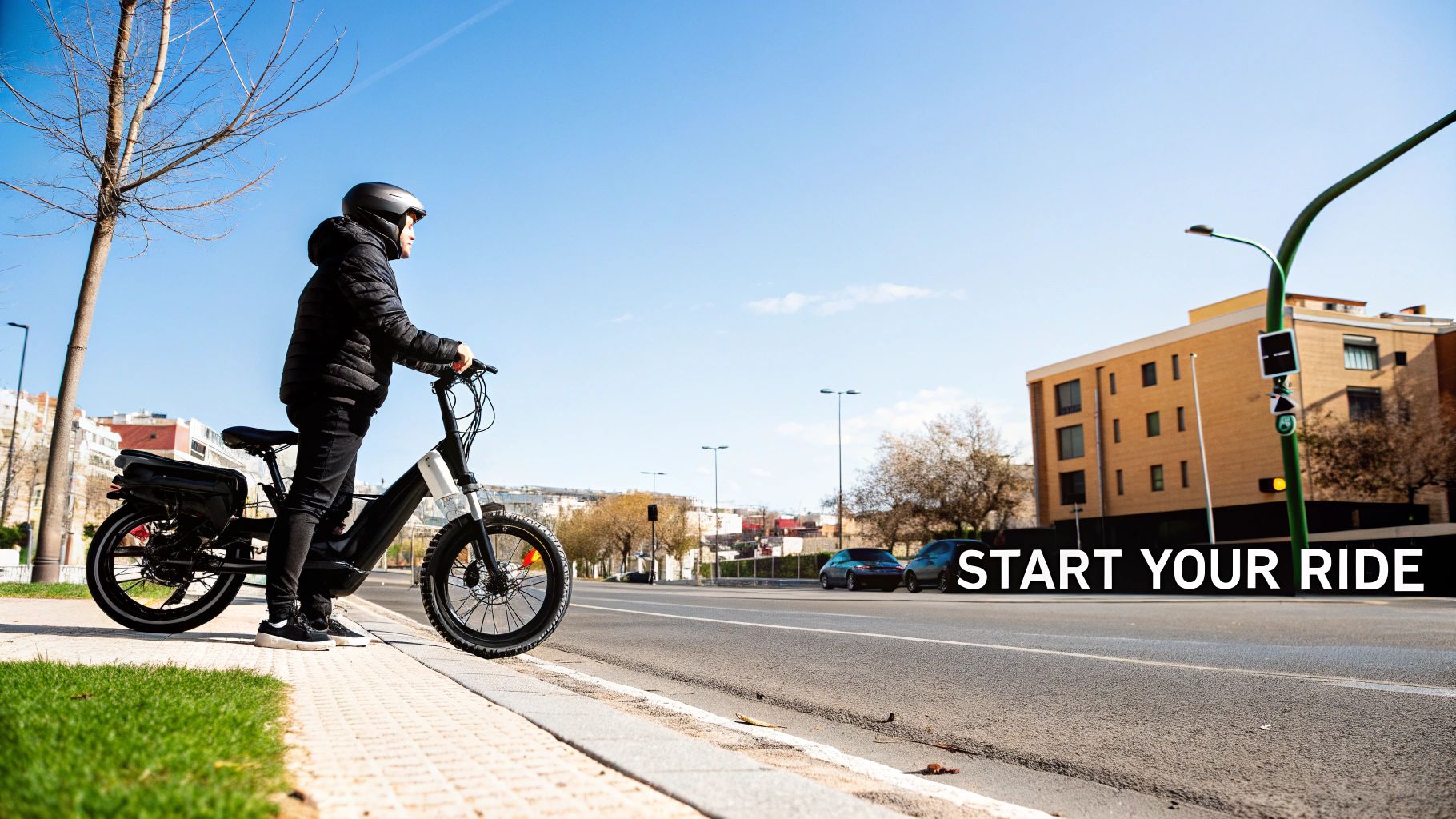 A person riding an electric bike on a paved trail through a sunny park