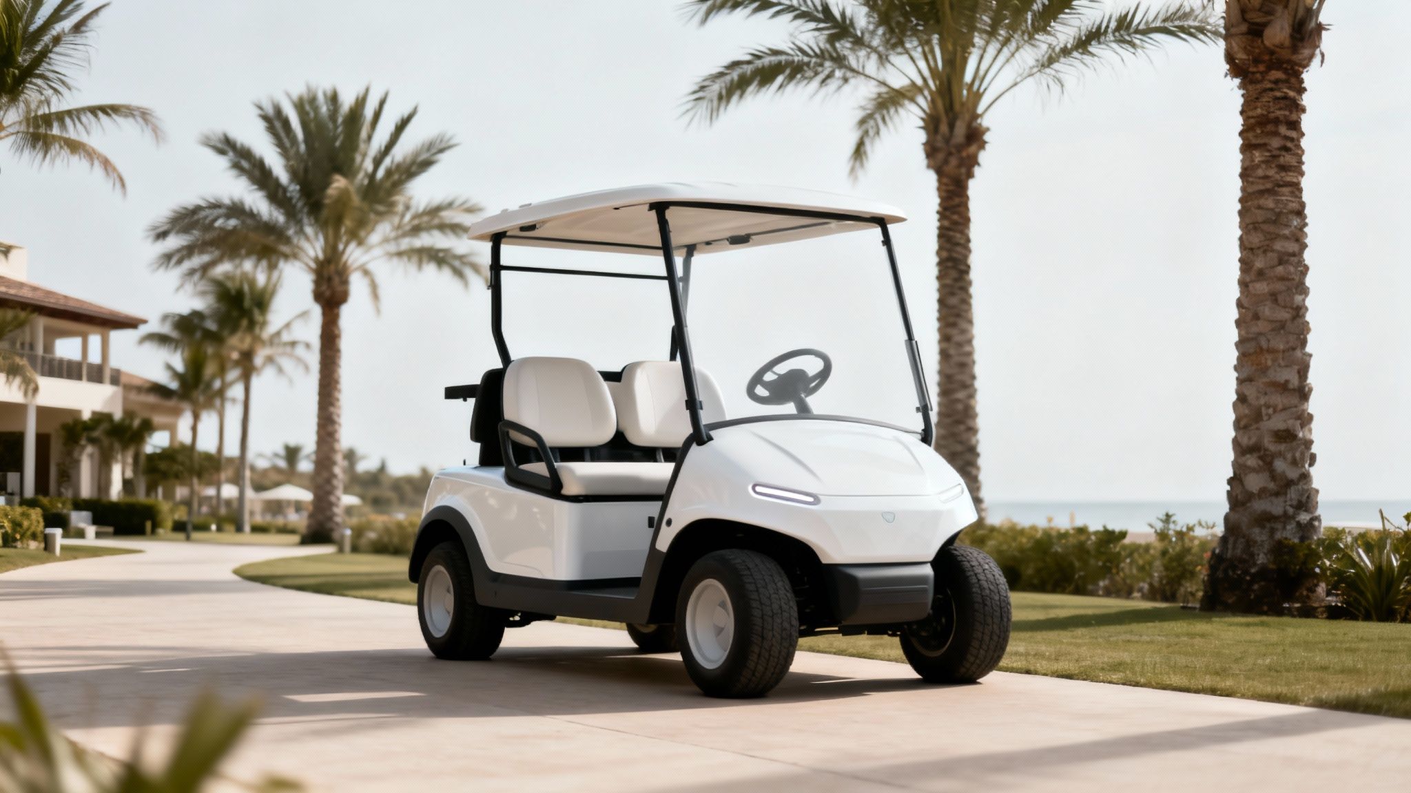 White two-seat electric golf cart on a paved path at a tropical resort with palm trees and ocean.