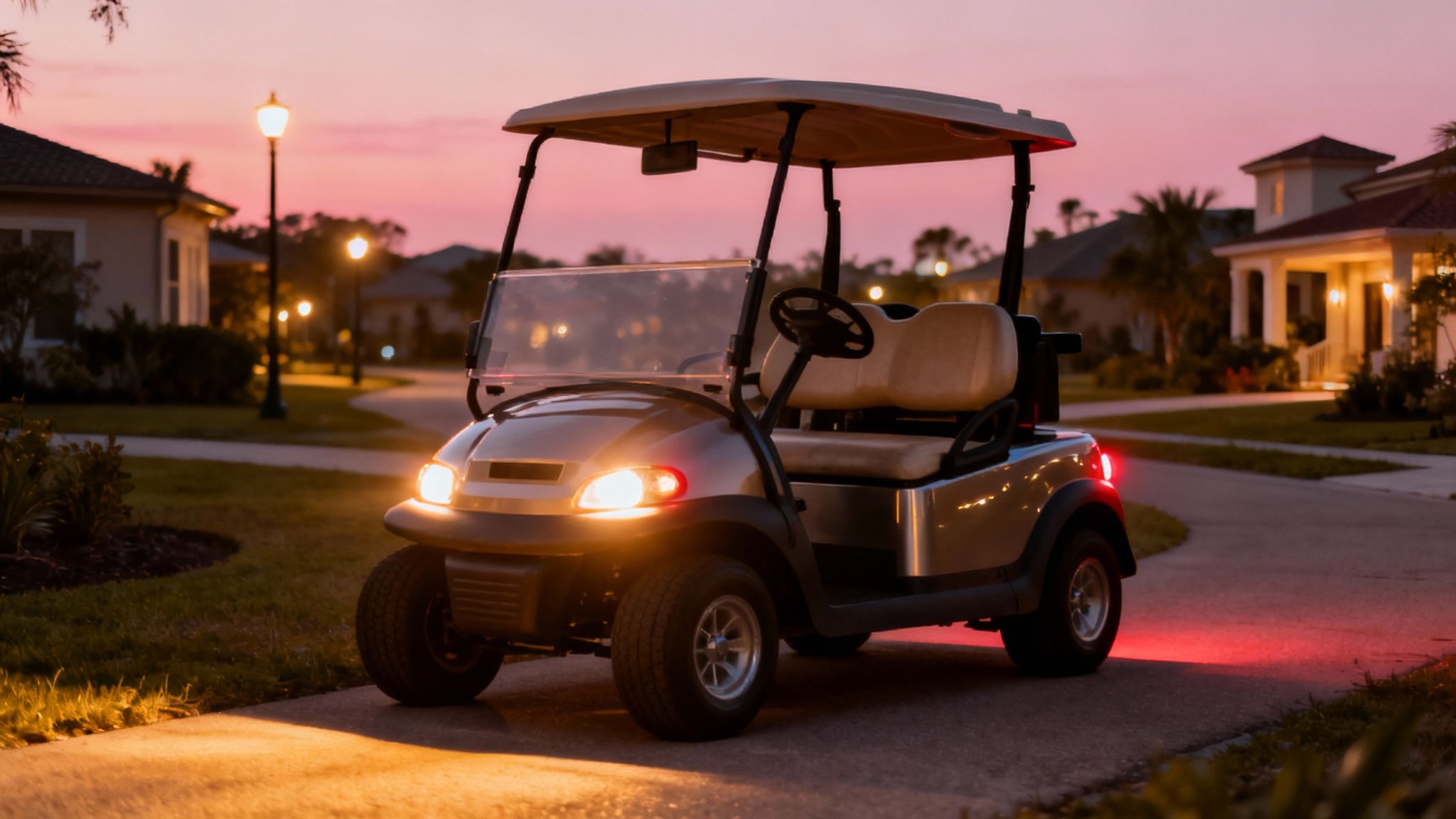 Gold golf cart with glowing headlights and taillights on a paved path at twilight.