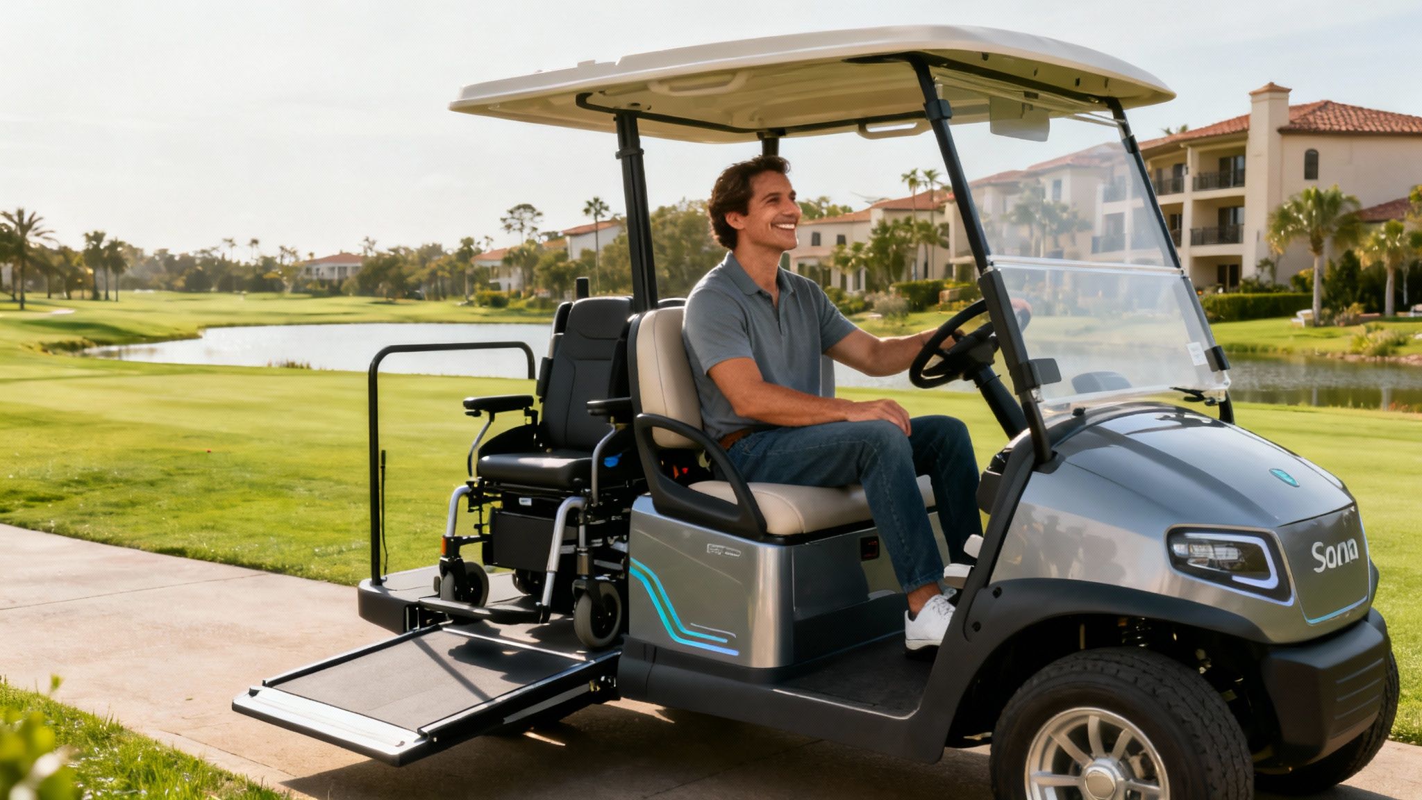A smiling man drives an accessible golf cart with a wheelchair ramp on a sunny golf course.