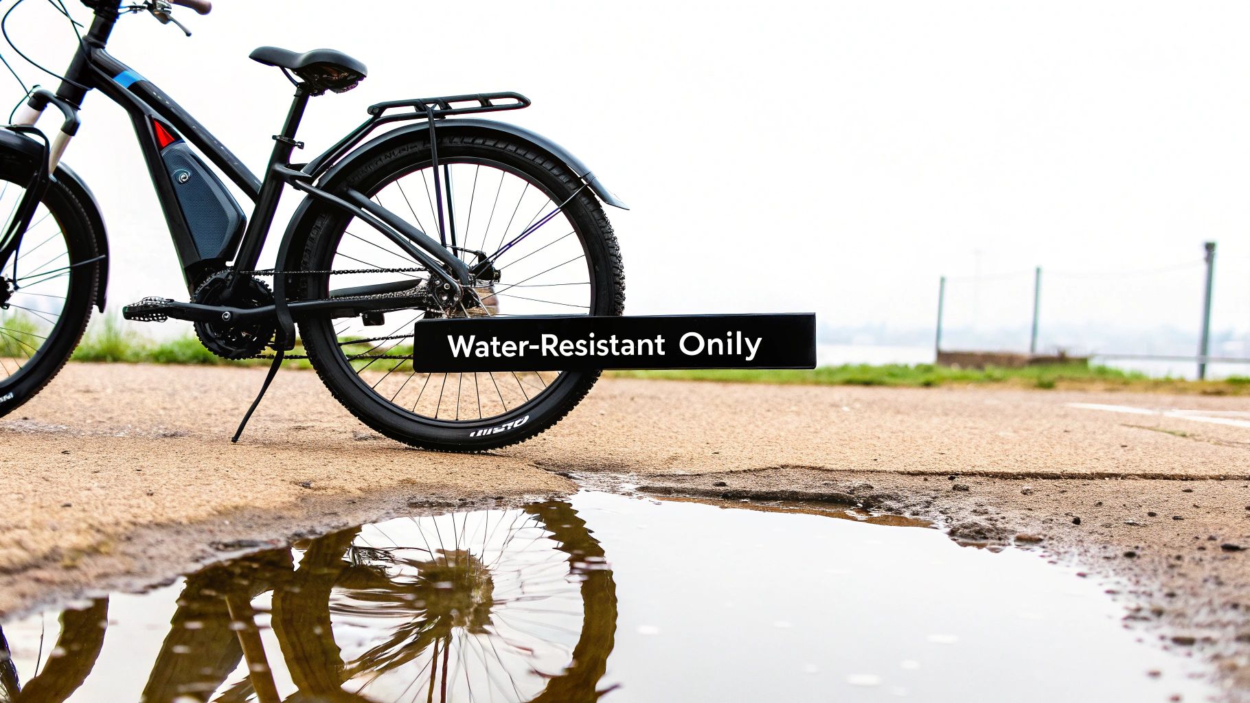 A black e-bike stands on wet pavement next to a puddle reflecting its wheels, with text 'Water-Resistant Onily'.