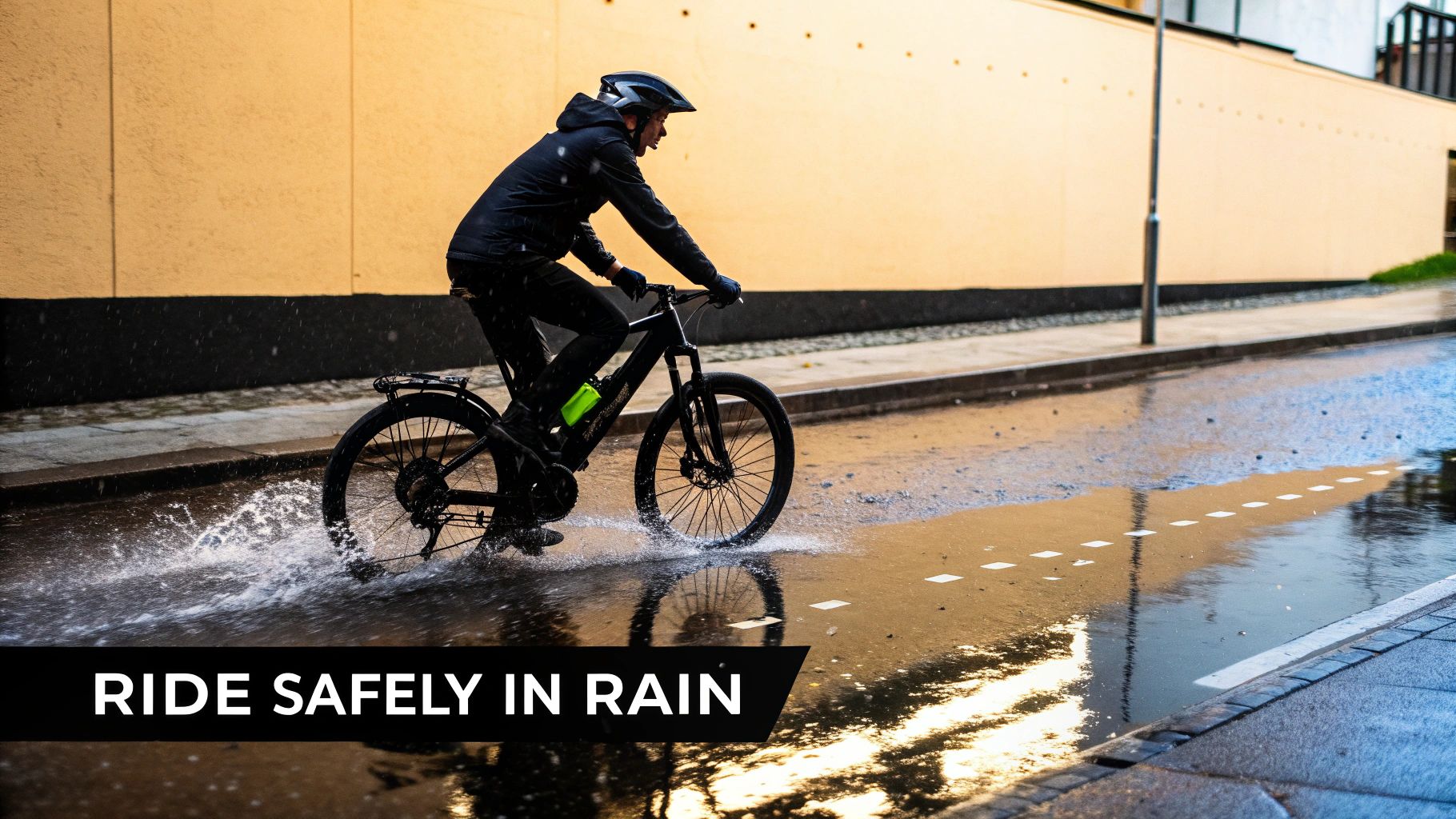 Cyclist in dark gear riding an electric bike through puddles on a wet road in the rain.