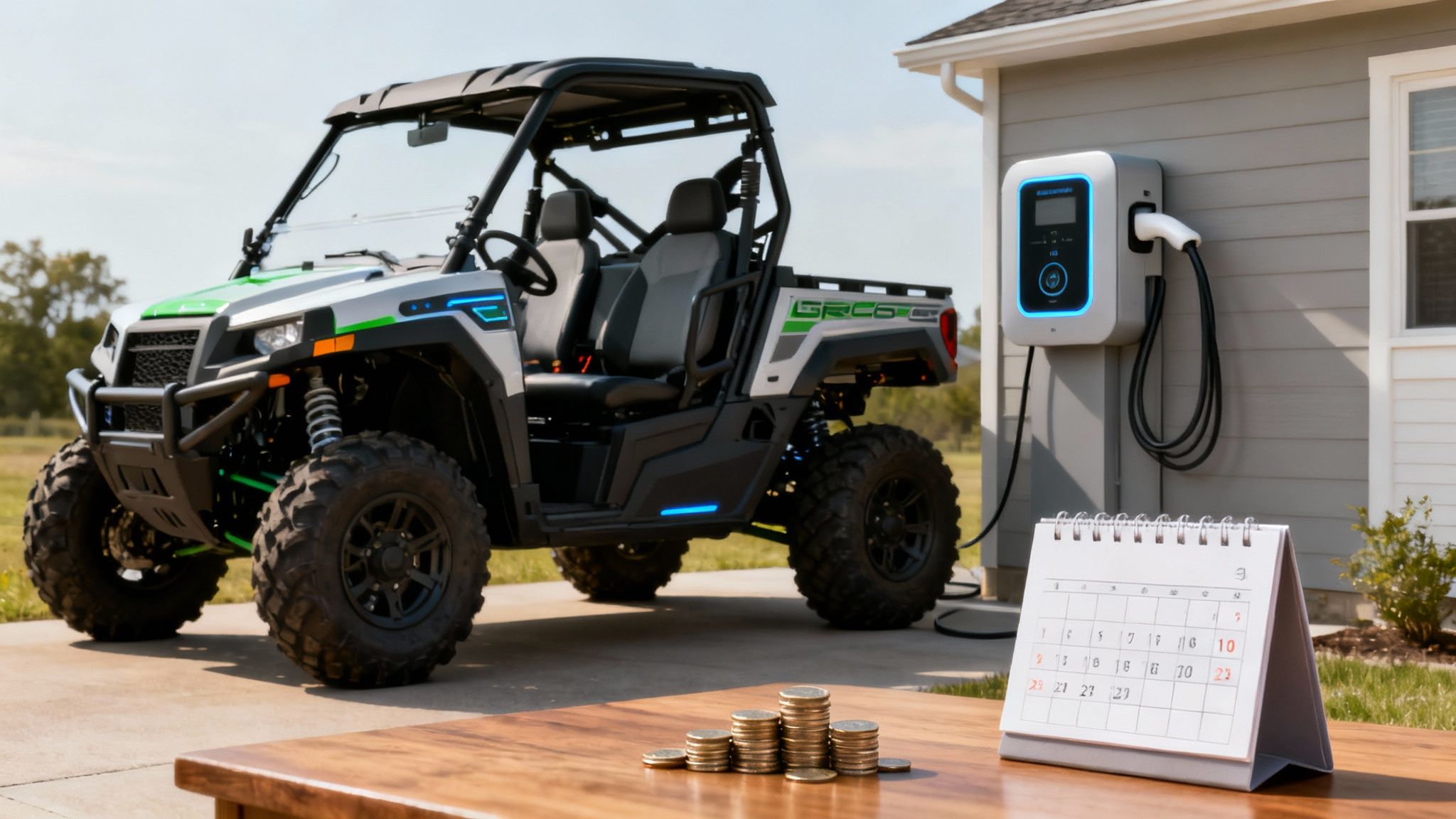 An electric side-by-side UTV charging at a home station, with coins and a calendar on a table.