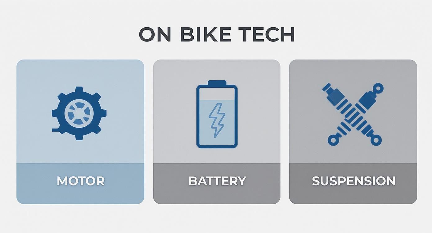 Three panels display key electric bike technologies: motor (gear icon), battery (charging icon), and suspension (shock absorbers).