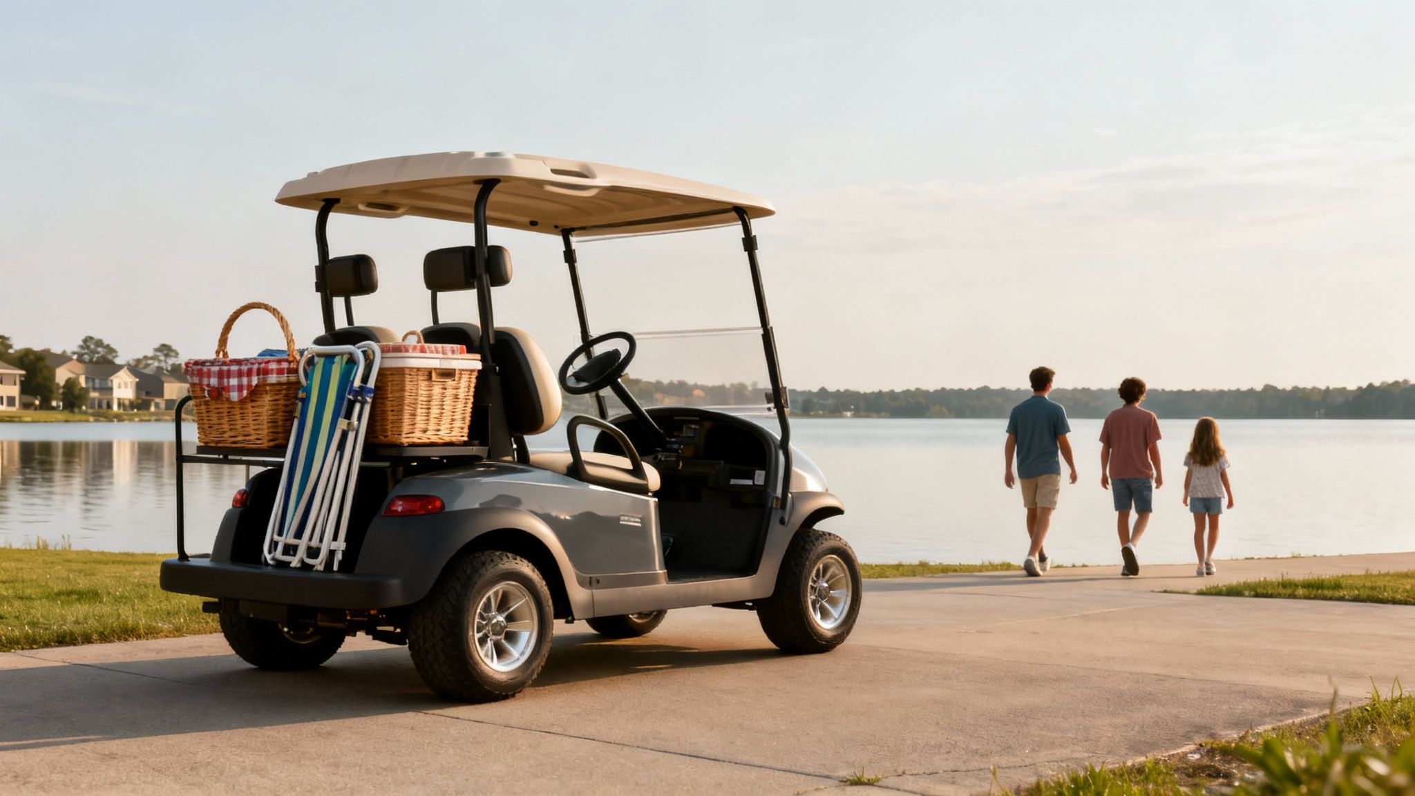A grey four-seater golf cart with picnic baskets and a beach chair parked by a tranquil lake. Three people walk in the distance.