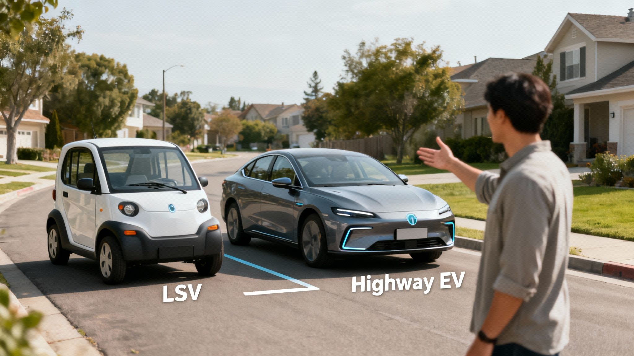 Person choosing between compact LSV and sleek highway electric vehicle in suburban neighborhood driveway
