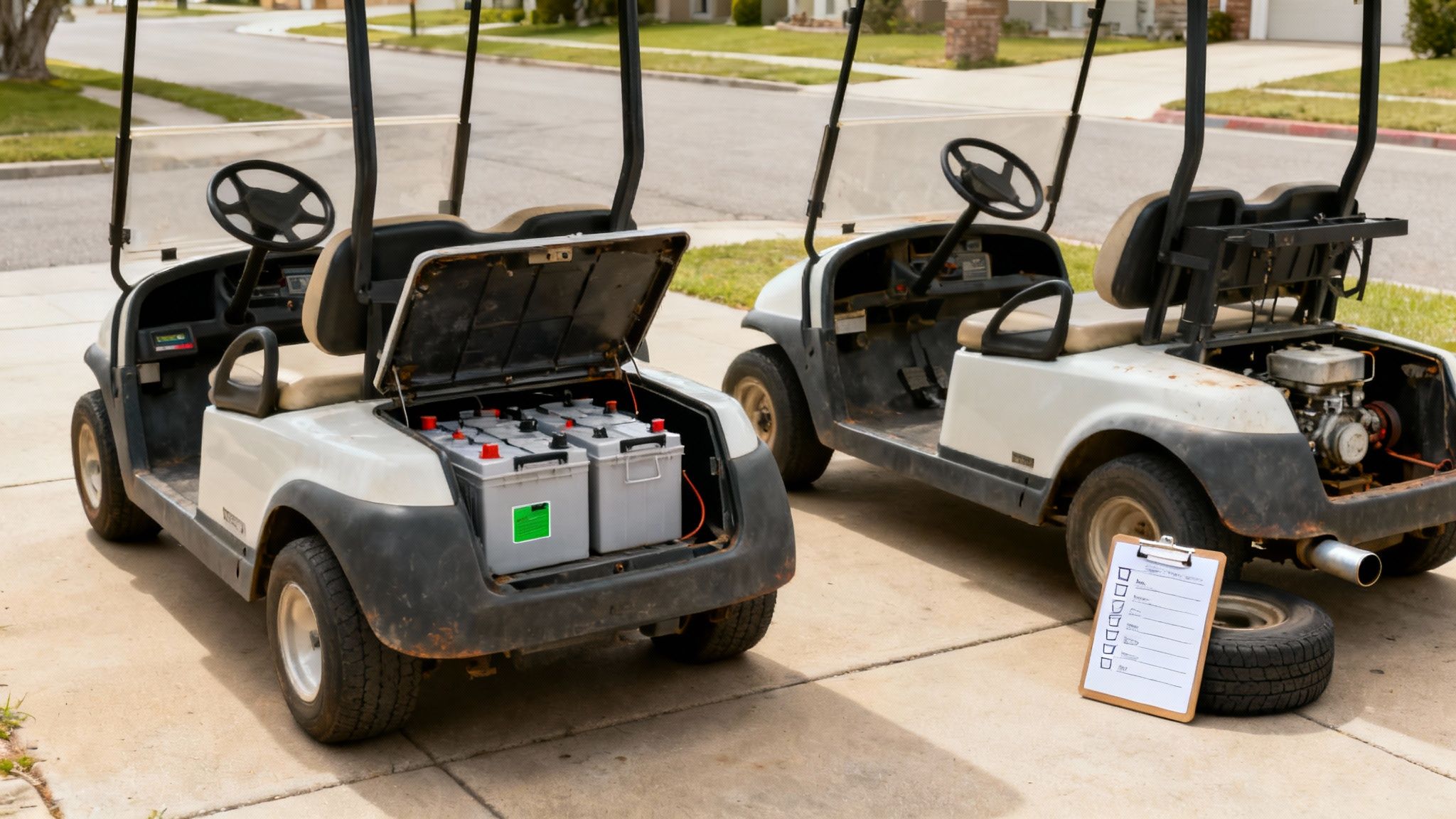 Electric and gas golf carts parked side-by-side