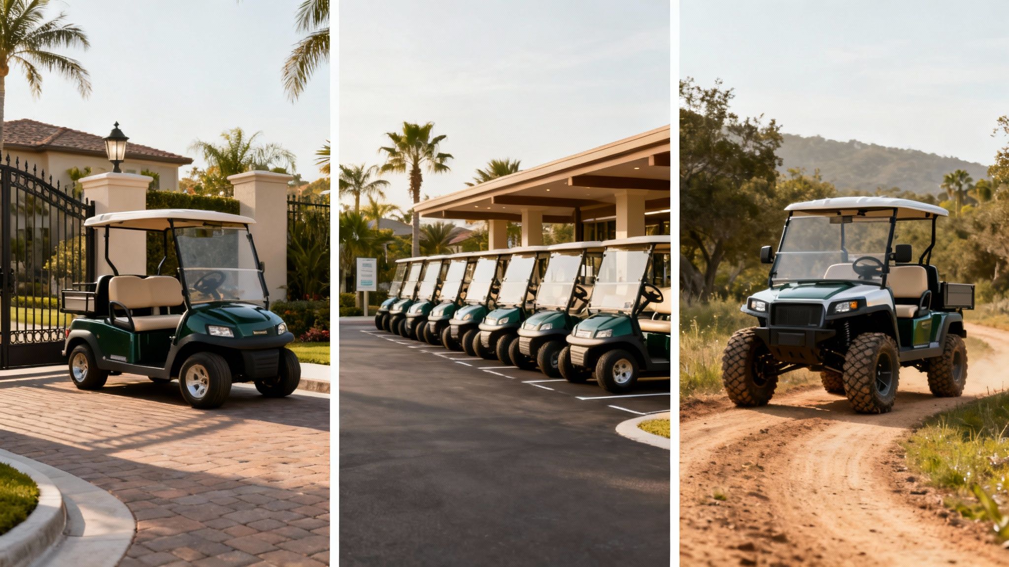 Various green golf carts: one by a luxury home, many at a resort, and an off-road model on a dirt trail.