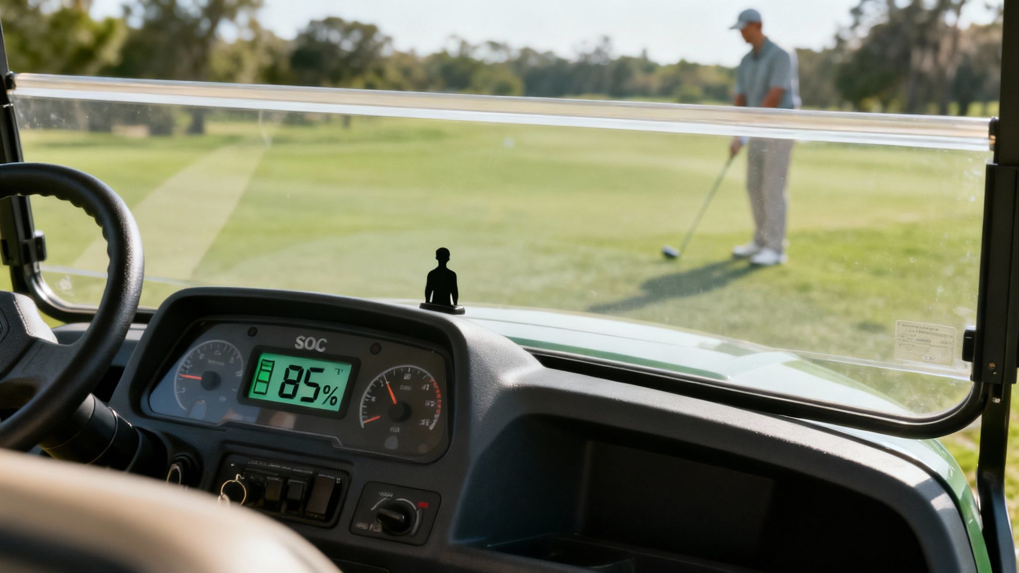 Person looking at a golf cart's dashboard with a battery gauge.