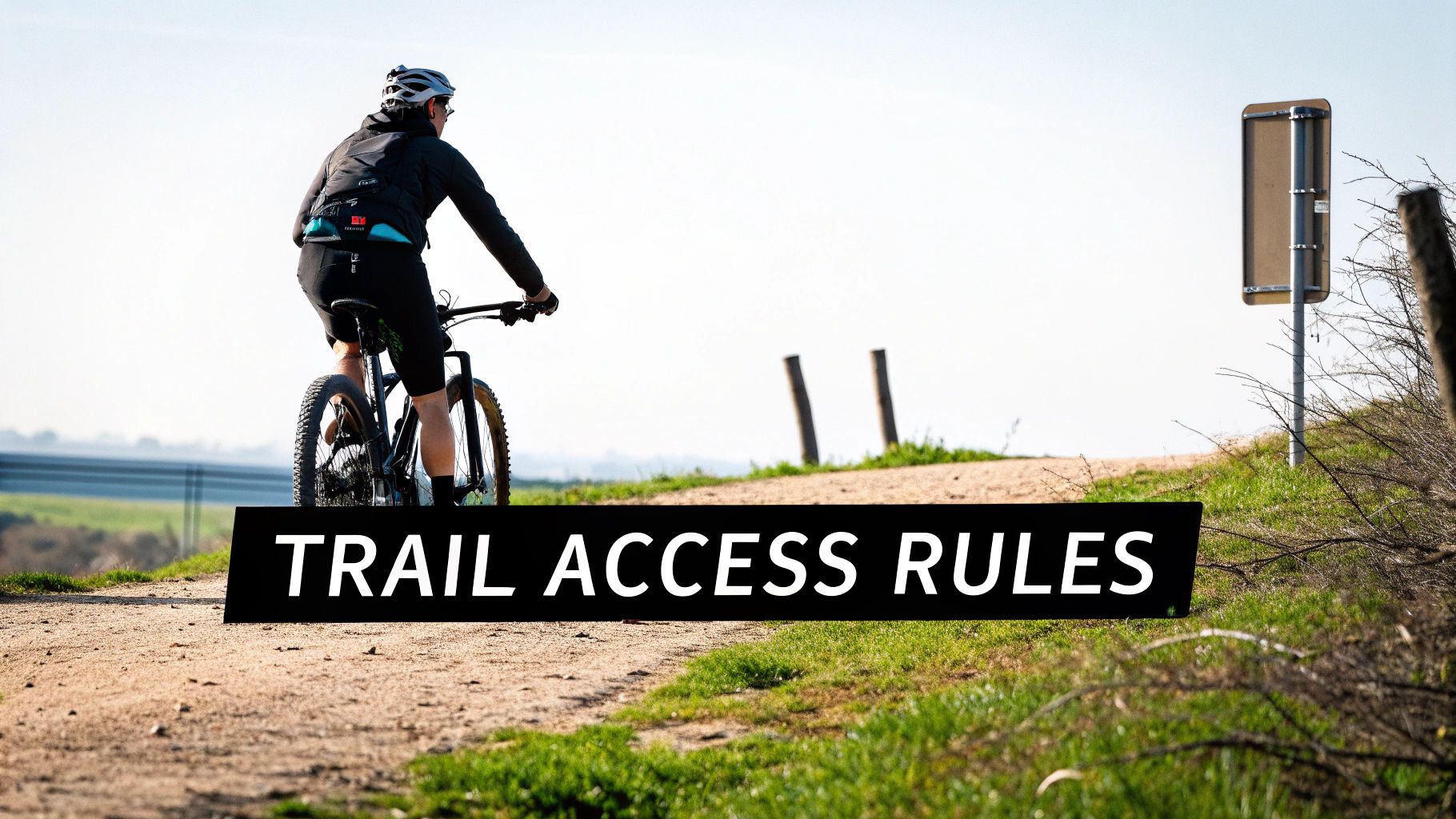 A person on a mountain bike rides a dirt trail, with a 'TRAIL ACCESS RULES' sign in the foreground.