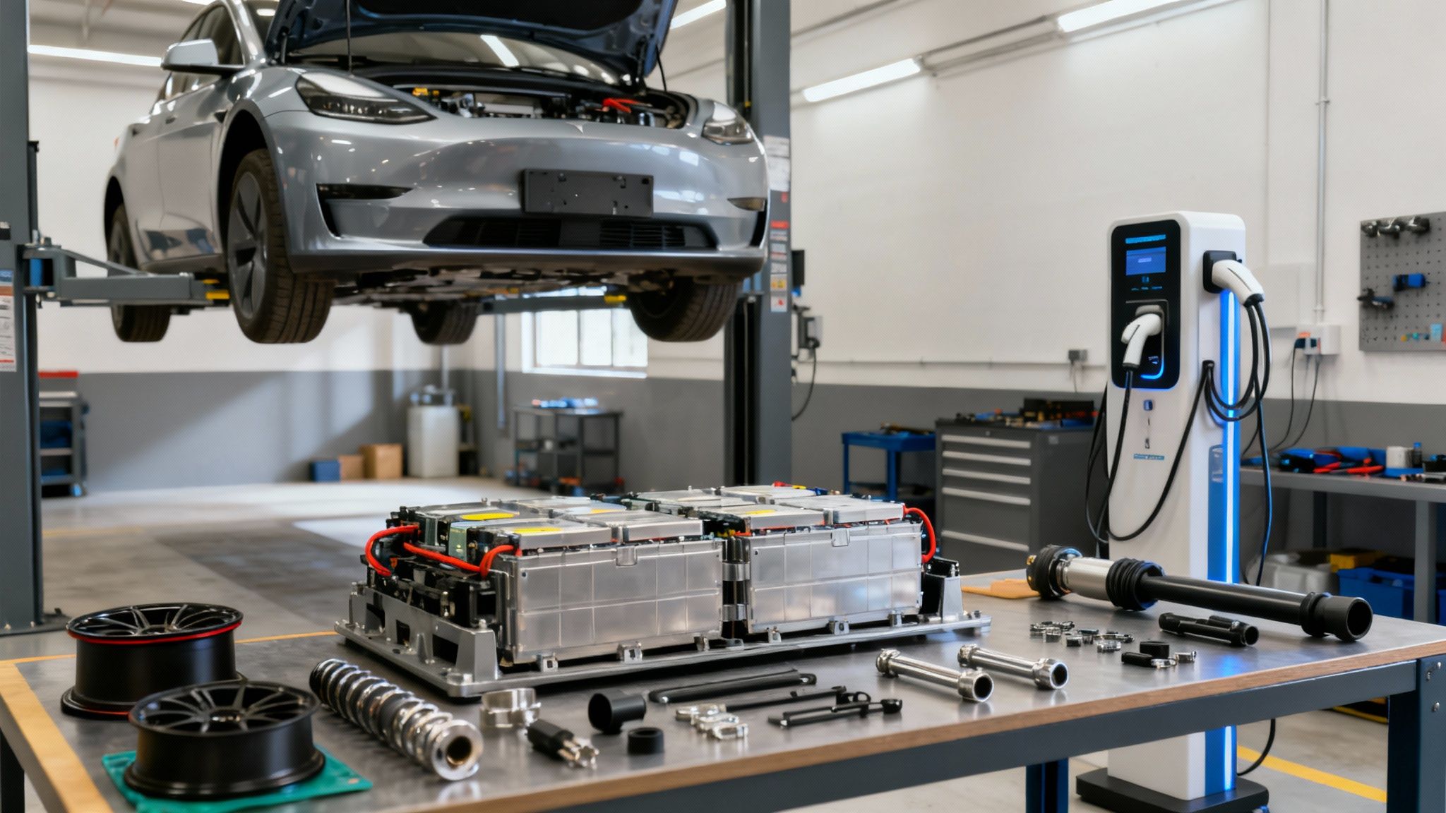 Technicians working on EV components in a modern aftermarket repair shop.
