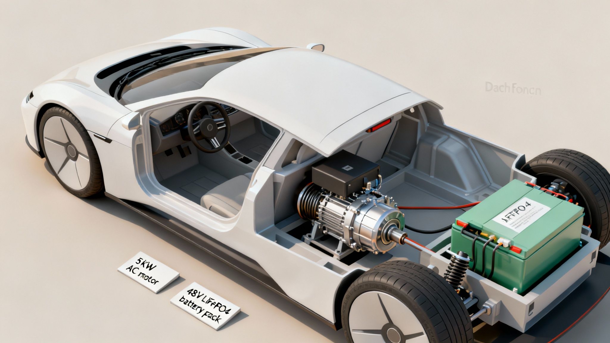 Detailed cutaway view of a white electric car revealing its 5KW AC motor and 48V battery.