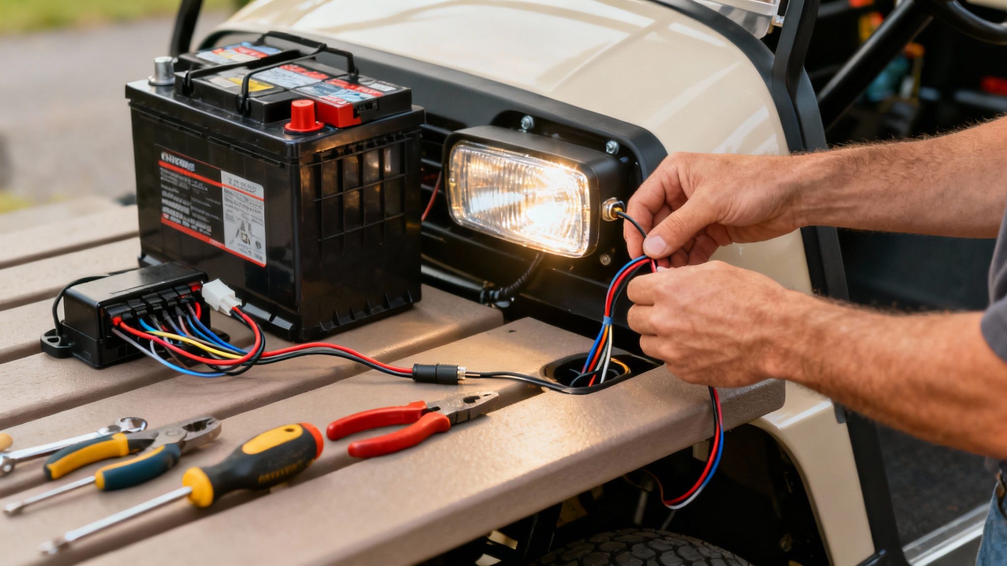 A person working on the wiring of a golf cart in a well-lit garage.