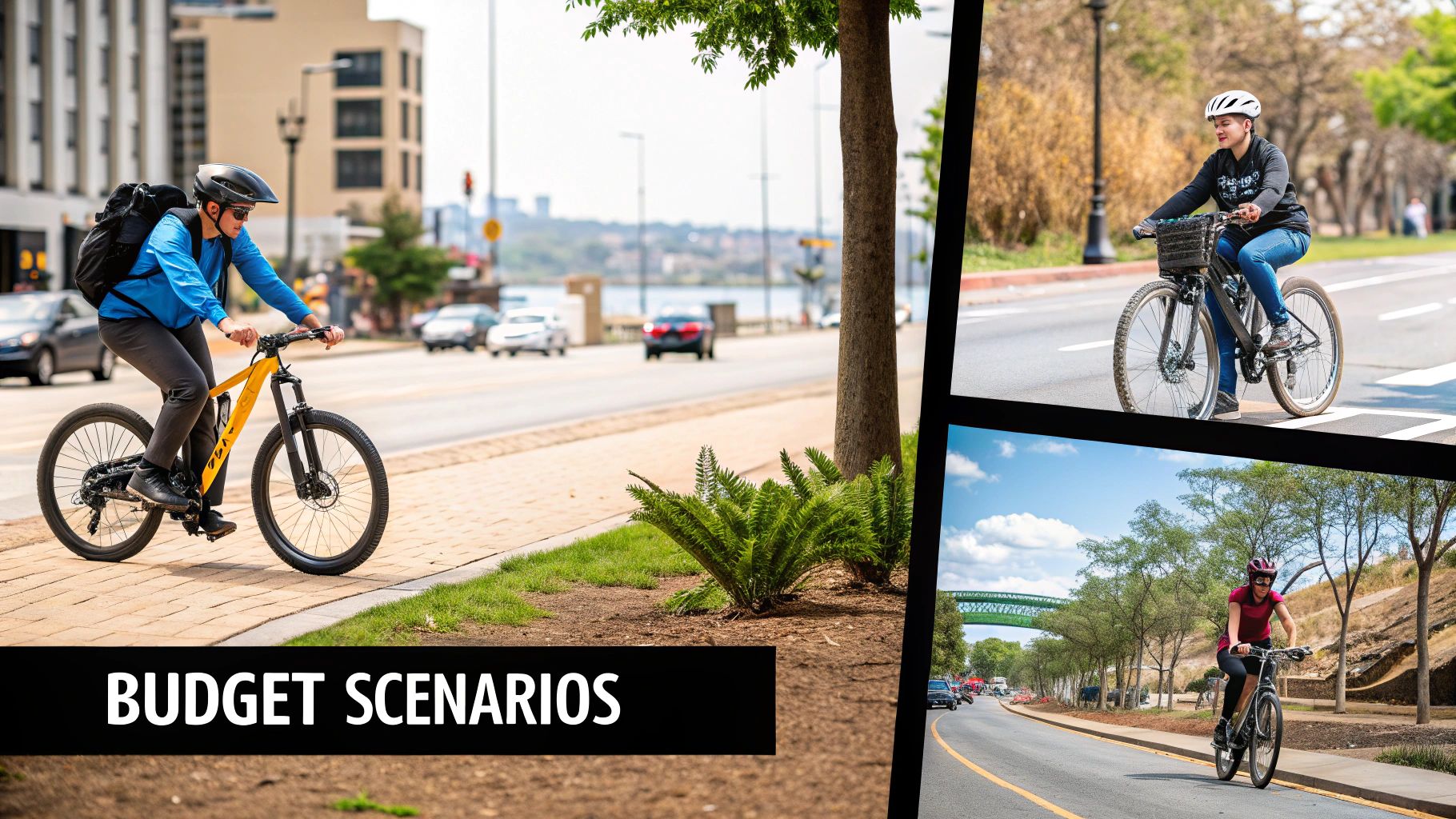 Three people riding electric bikes in various urban and outdoor settings, illustrating budget scenarios.