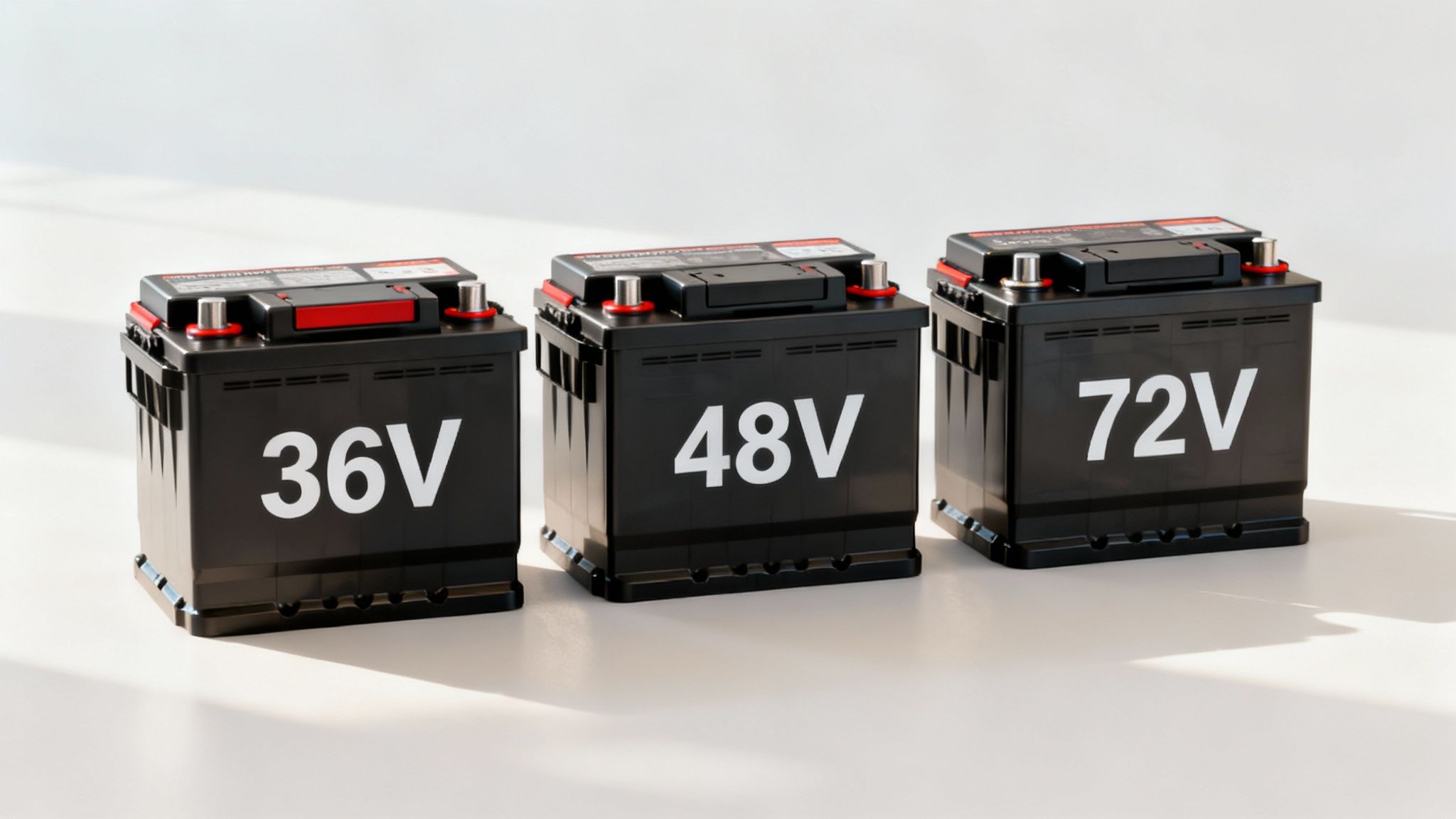 A close-up of different types of golf cart batteries, showing the terminals and casings.