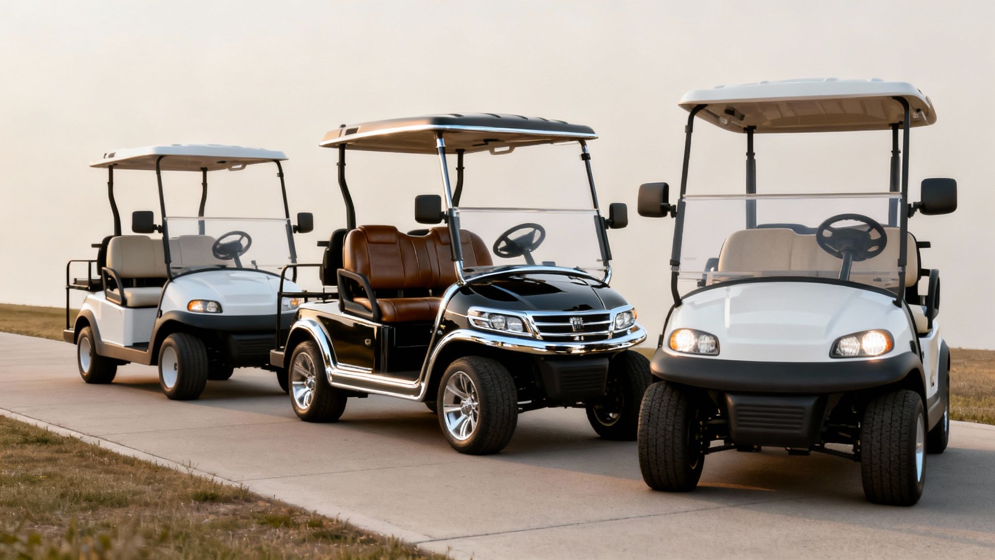 Three modern electric golf carts parked on a path, one black with brown seats, two white.