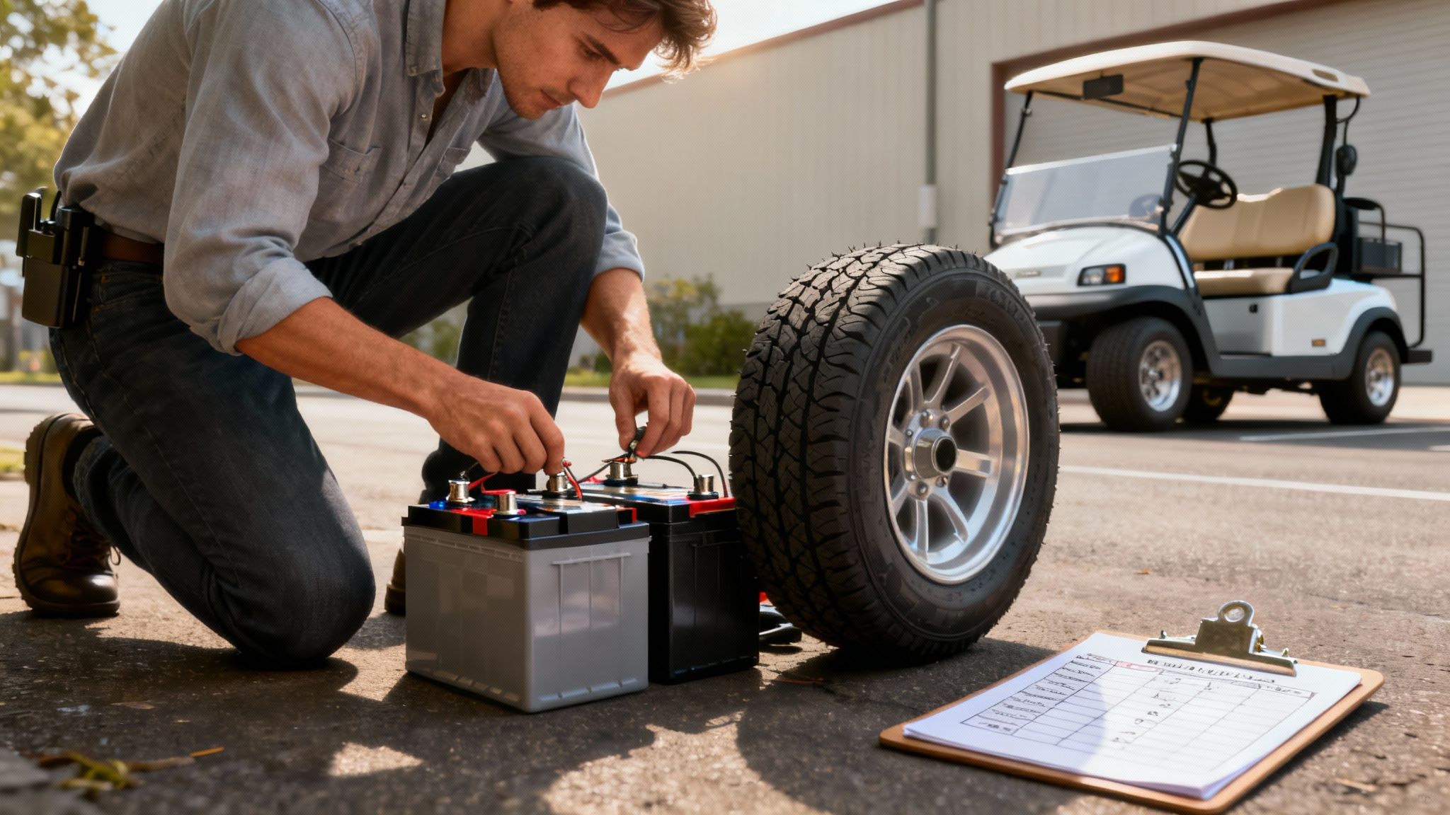 A man kneels outside, connecting wires to golf cart batteries next to a wheel and a white golf cart.