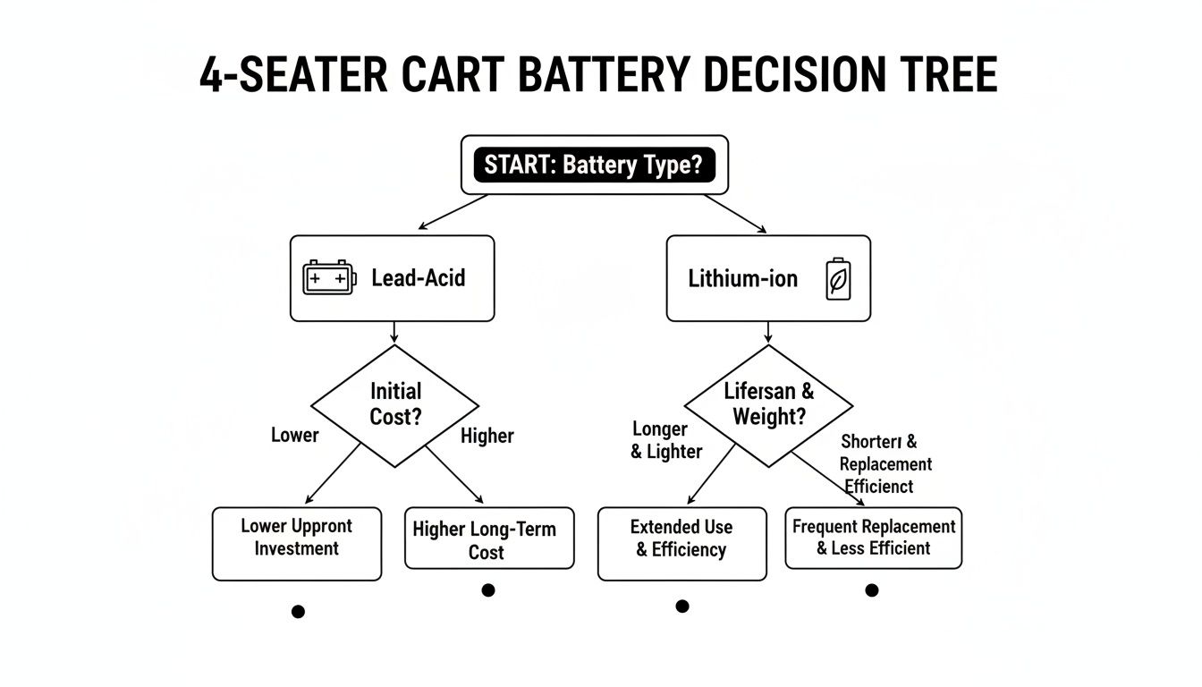 A decision tree for 4-seater cart batteries, comparing Lead-Acid and Lithium-ion for cost, lifespan, and efficiency.