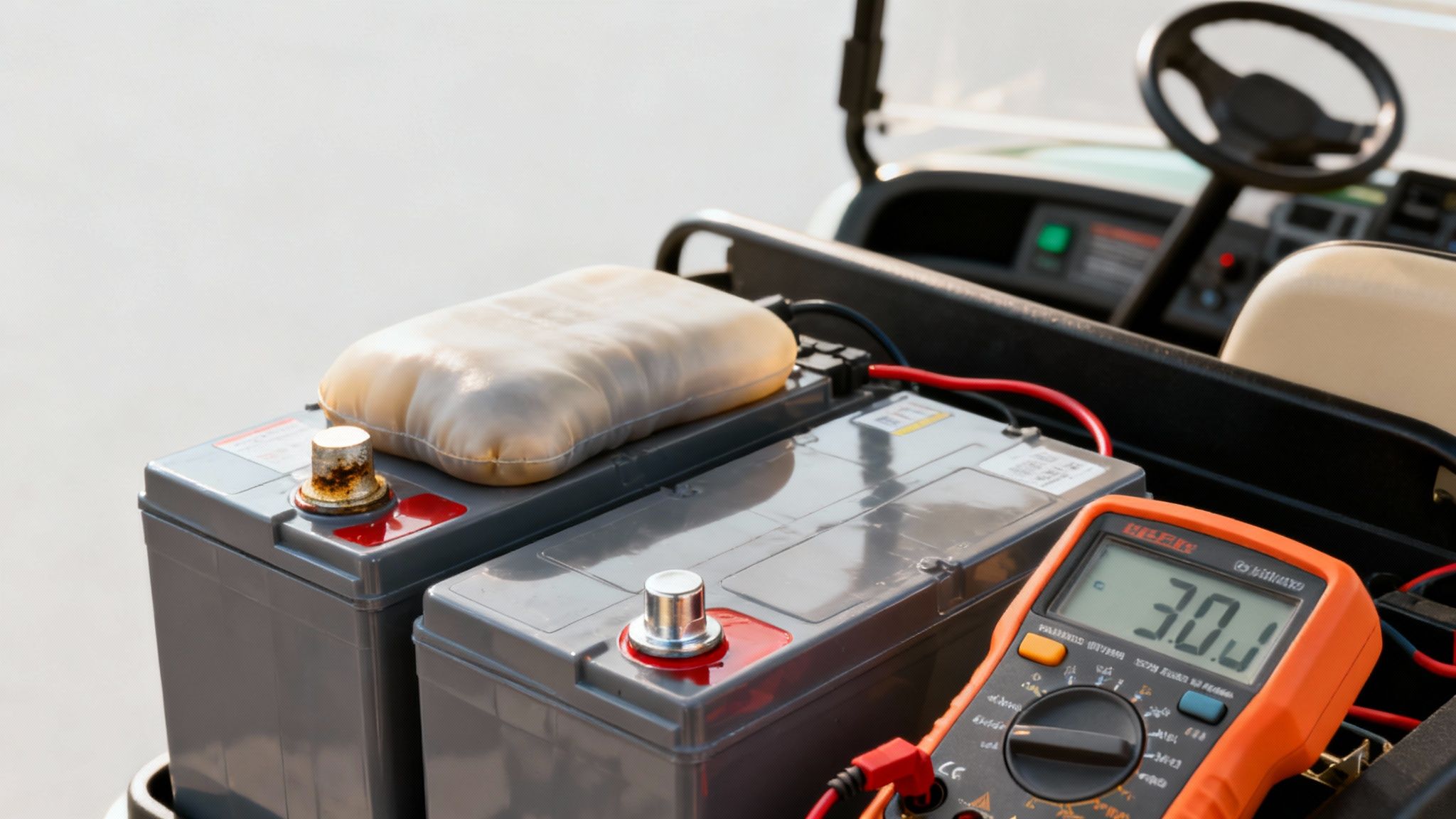 Technician inspecting the electrical wiring of a golf cart