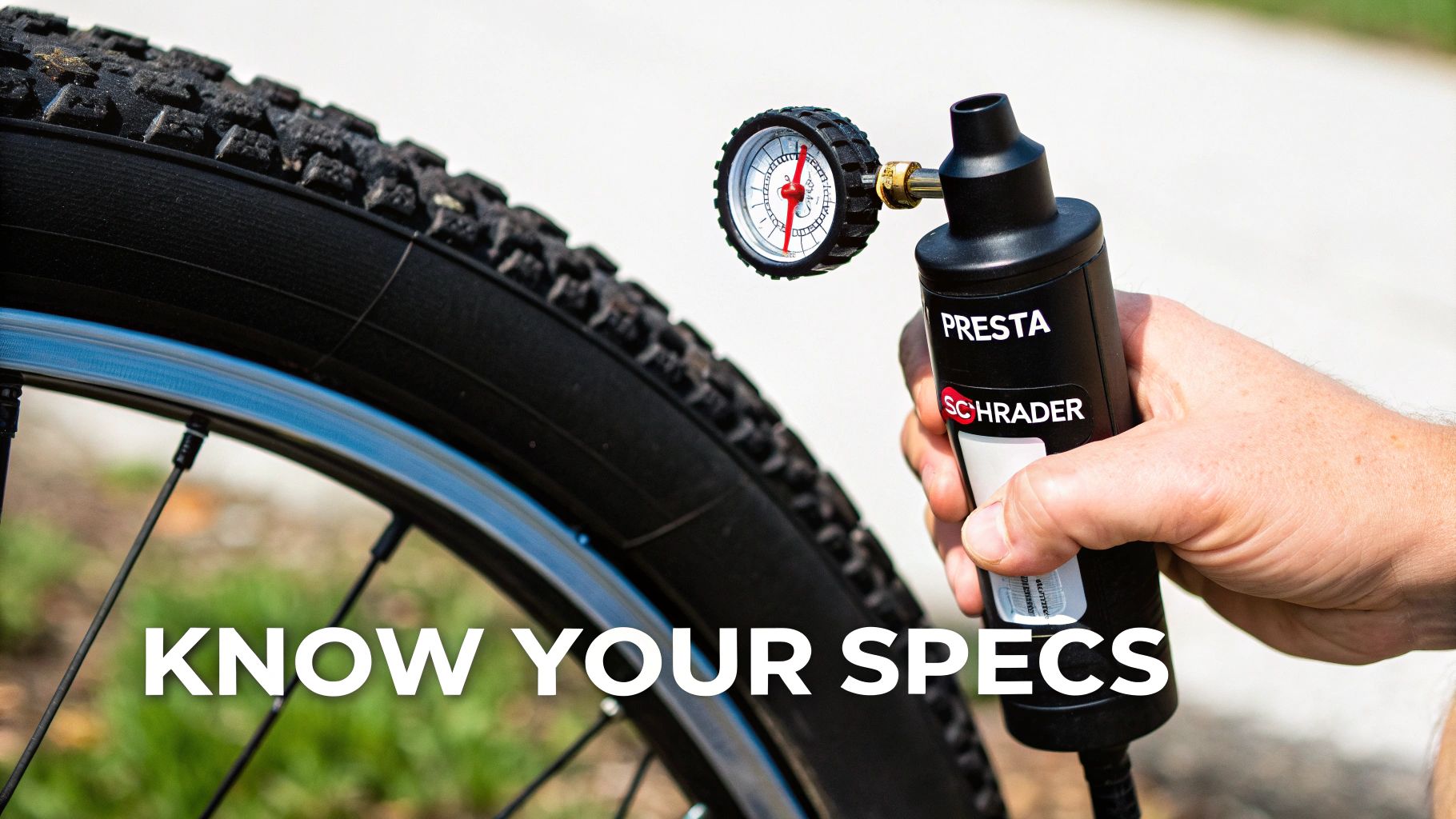 A hand is shown using a black portable air pressure gauge to check the tire pressure of a bicycle.