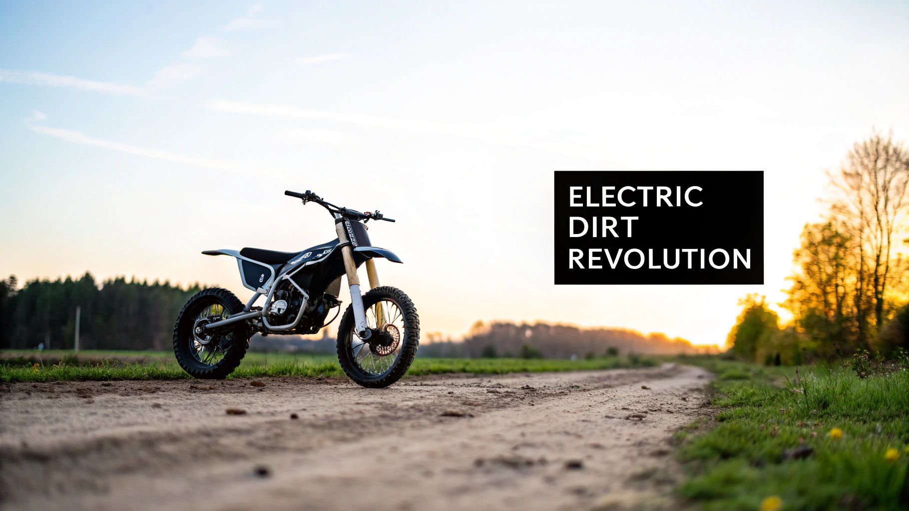 An electric dirt bike parked on a dirt path during sunset with trees and a bright sky.
