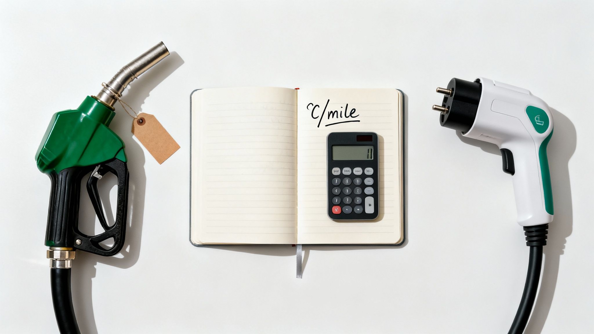 A gas pump nozzle and an EV charging connector comparing costs with a calculator on a notebook.