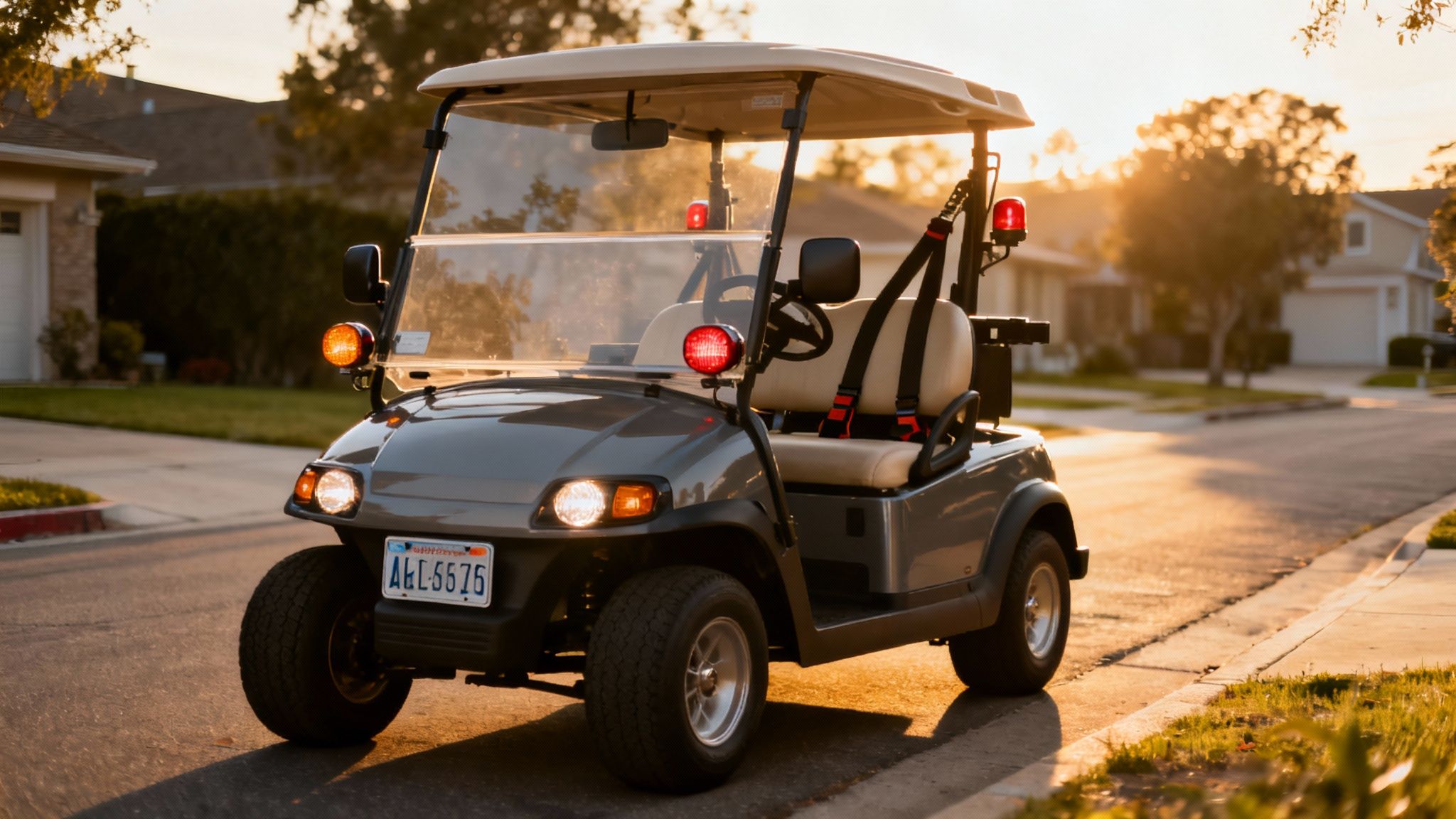 Street legal golf cart driving on a paved road lined with palm trees