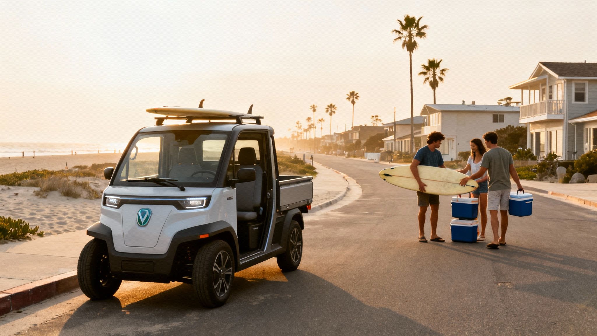 Compact white electric vehicle with surfboard on roof parked near beach with three people holding surfboards