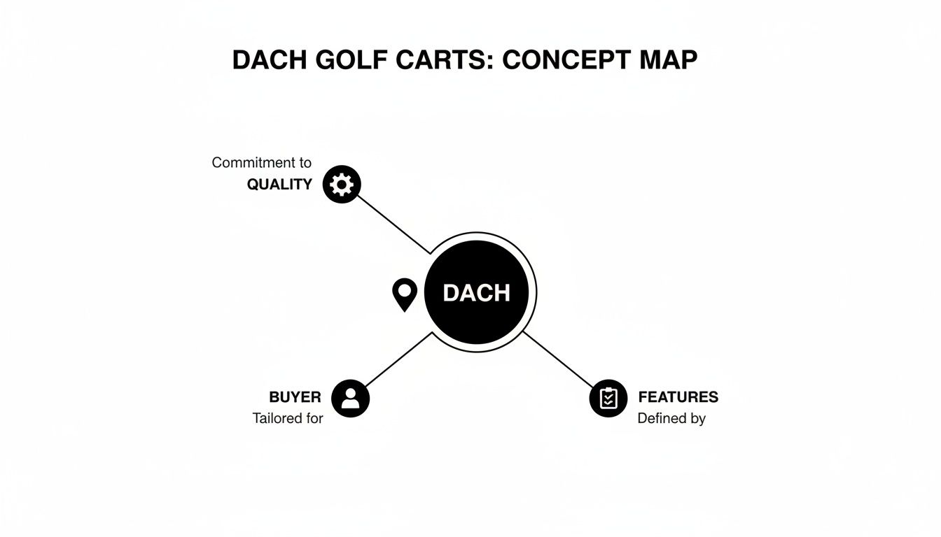 A concept map detailing DACH Golf Carts' core values: quality, buyer focus, and features.