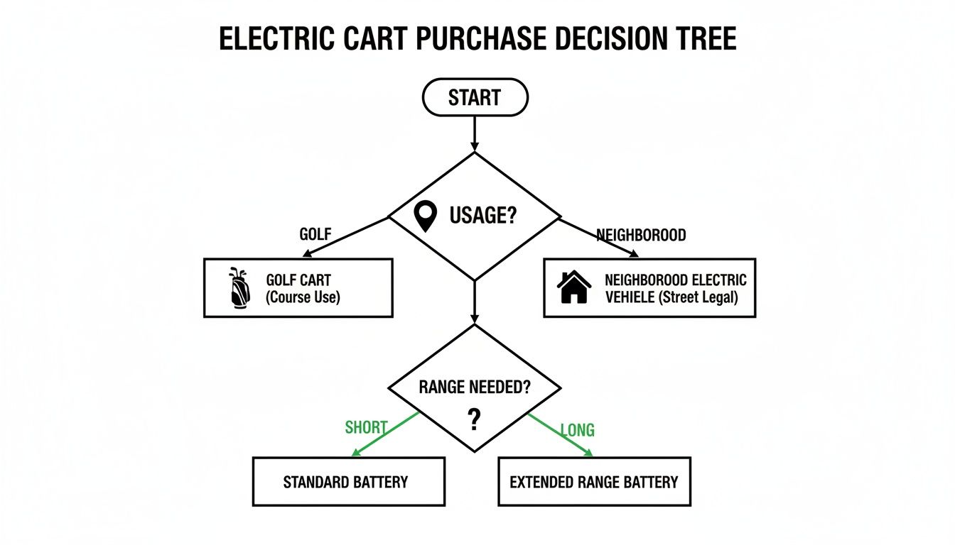 Decision tree flowchart guiding users through choices for purchasing an electric cart based on usage and battery range.