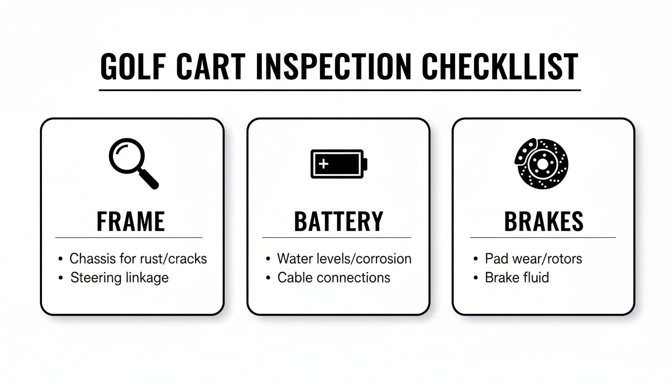 A golf cart inspection checklist detailing checks for the frame, battery, and brakes.