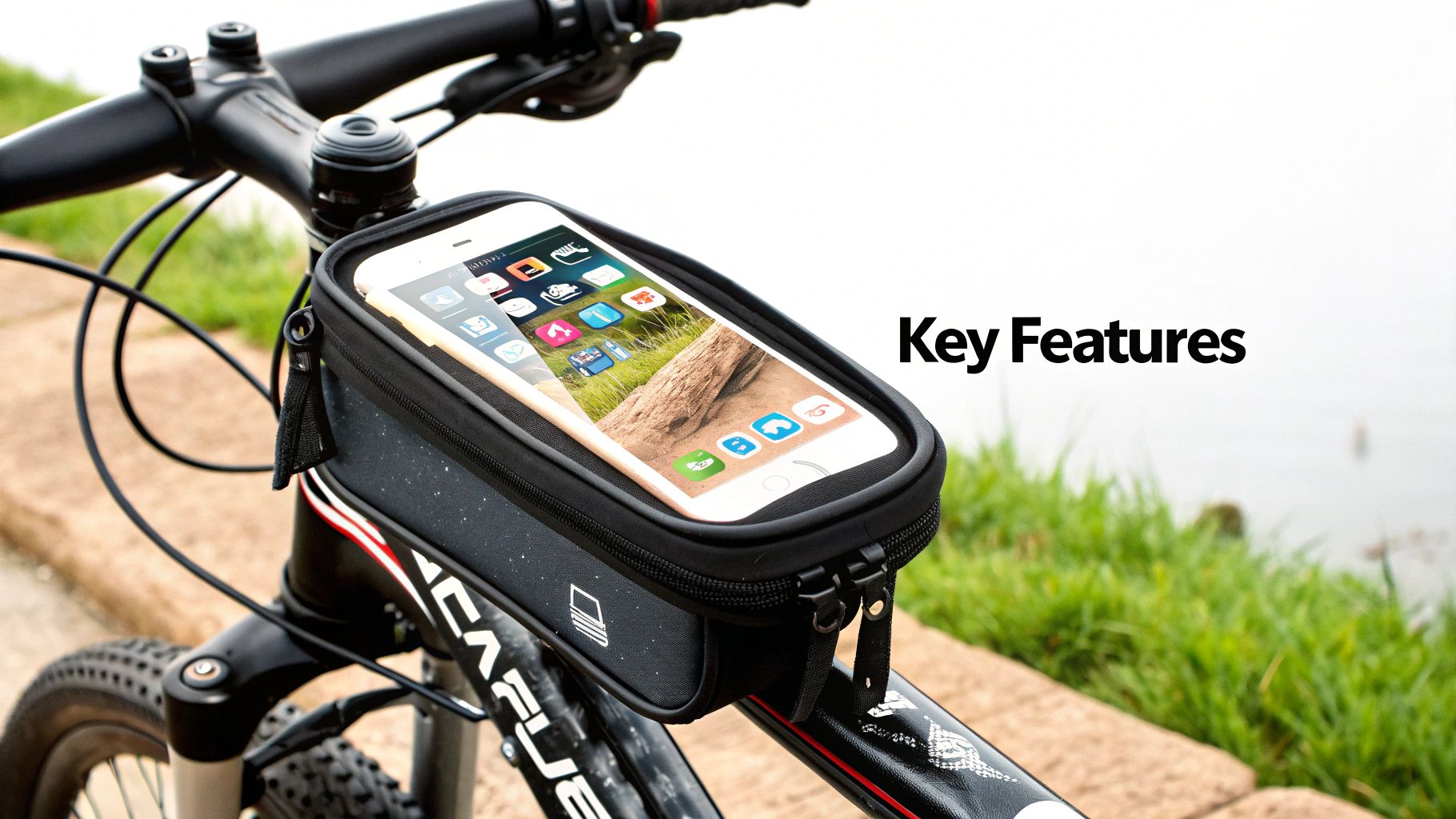A smartphone in a black bicycle frame bag attached to a mountain bike outdoors.