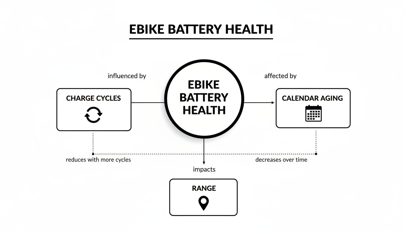 Diagram illustrating ebike battery health influenced by charge cycles and calendar aging, impacting range.