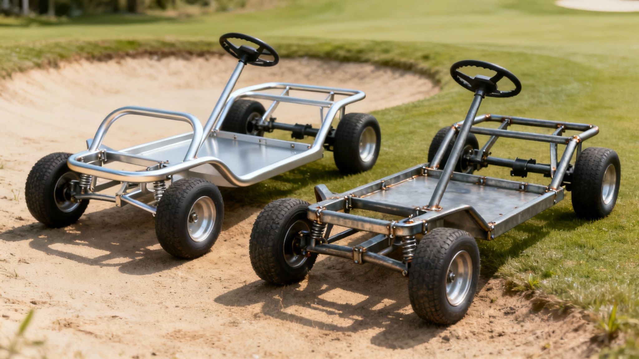 Two people driving a white golf cart on a paved path through a green golf course.