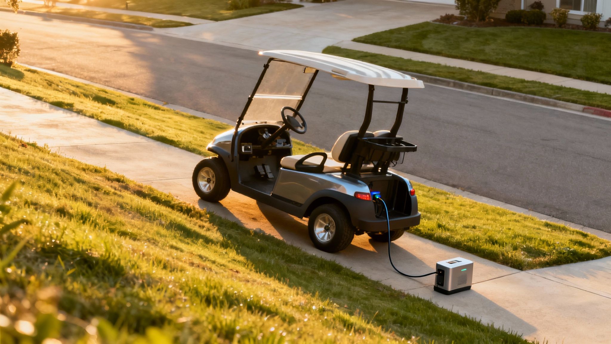 A modern battery powered golf cart with lithium batteries, parked on a clean garage floor.
