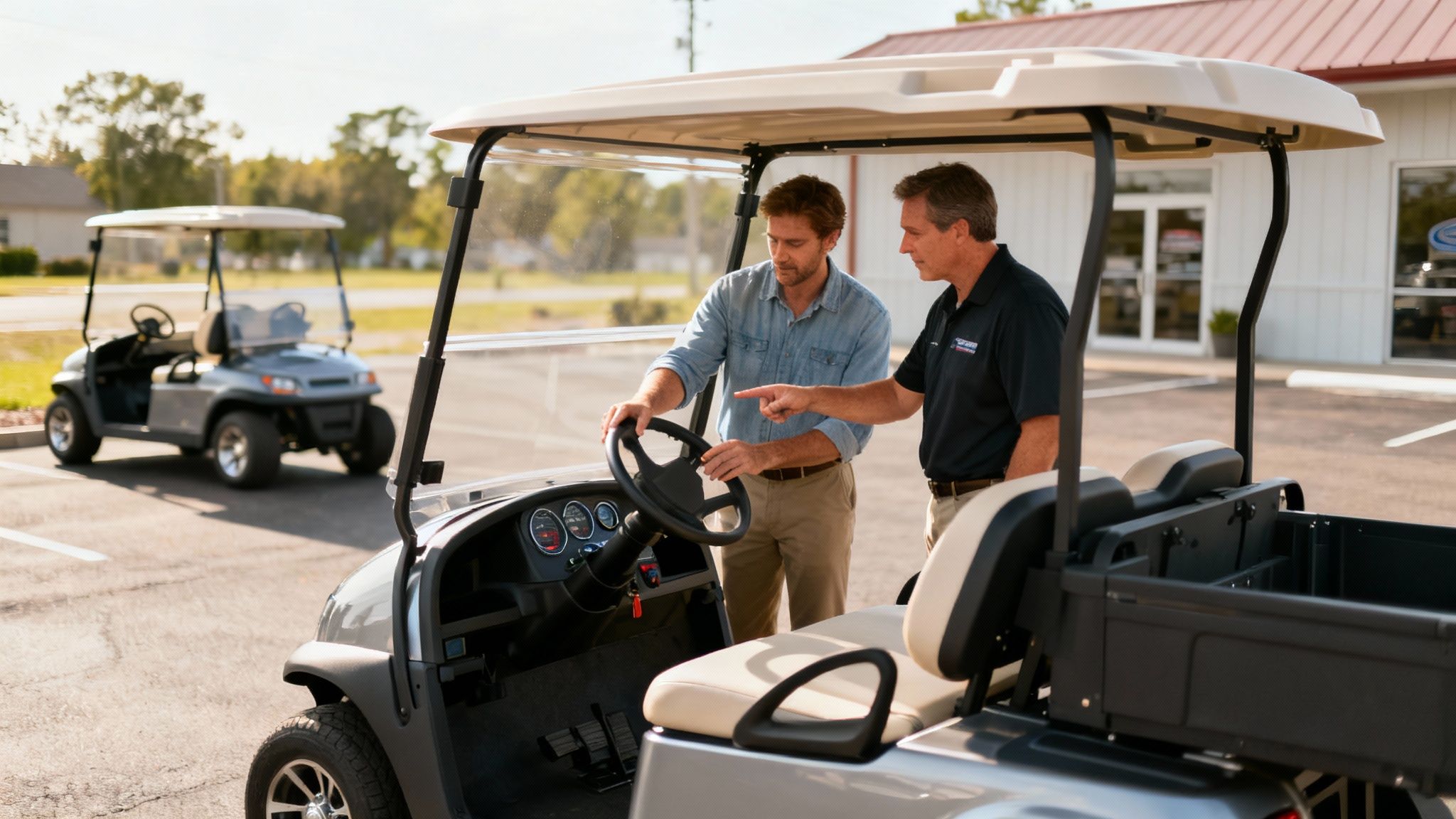 A sleek, dark-colored Solana EV street legal golf cart parked in front of a modern home.