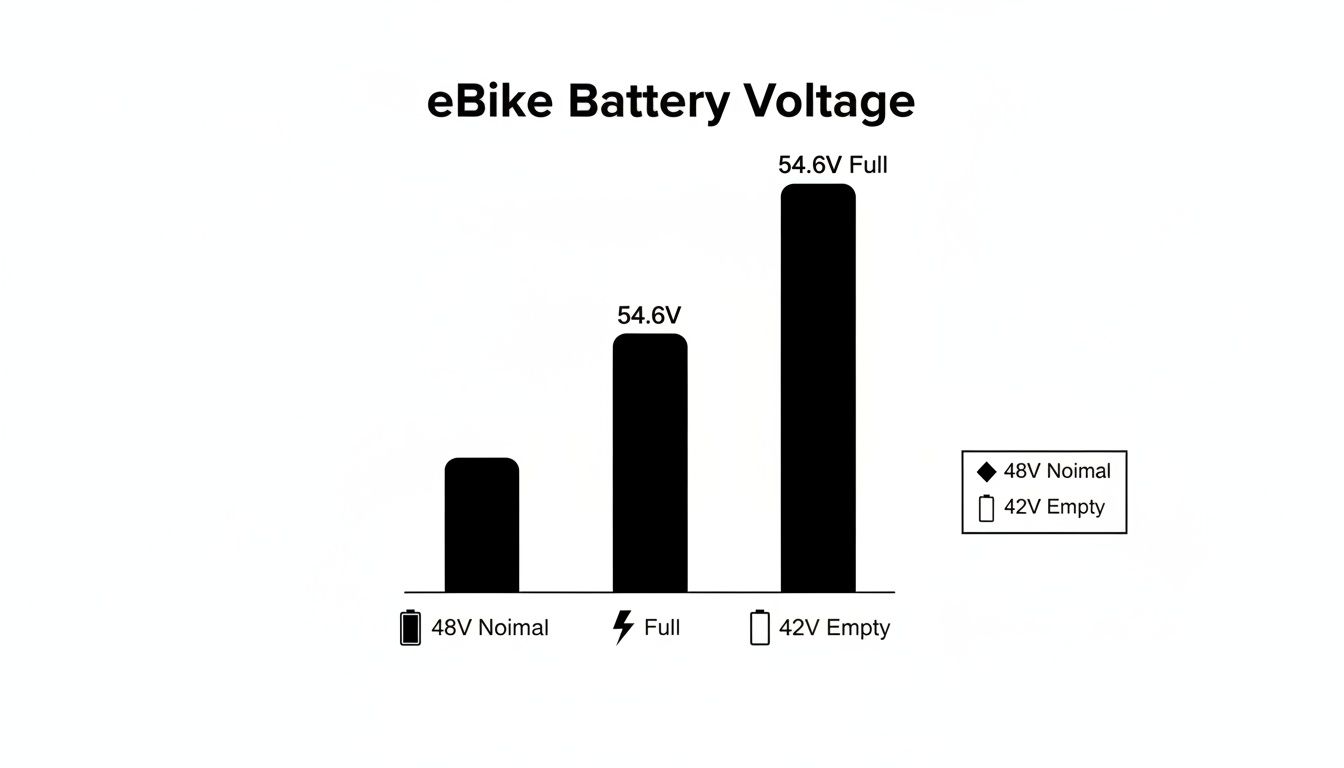 Bar chart titled 'eBike Battery Voltage' showing levels for nominal, full (54.6V), and empty (42V) states.