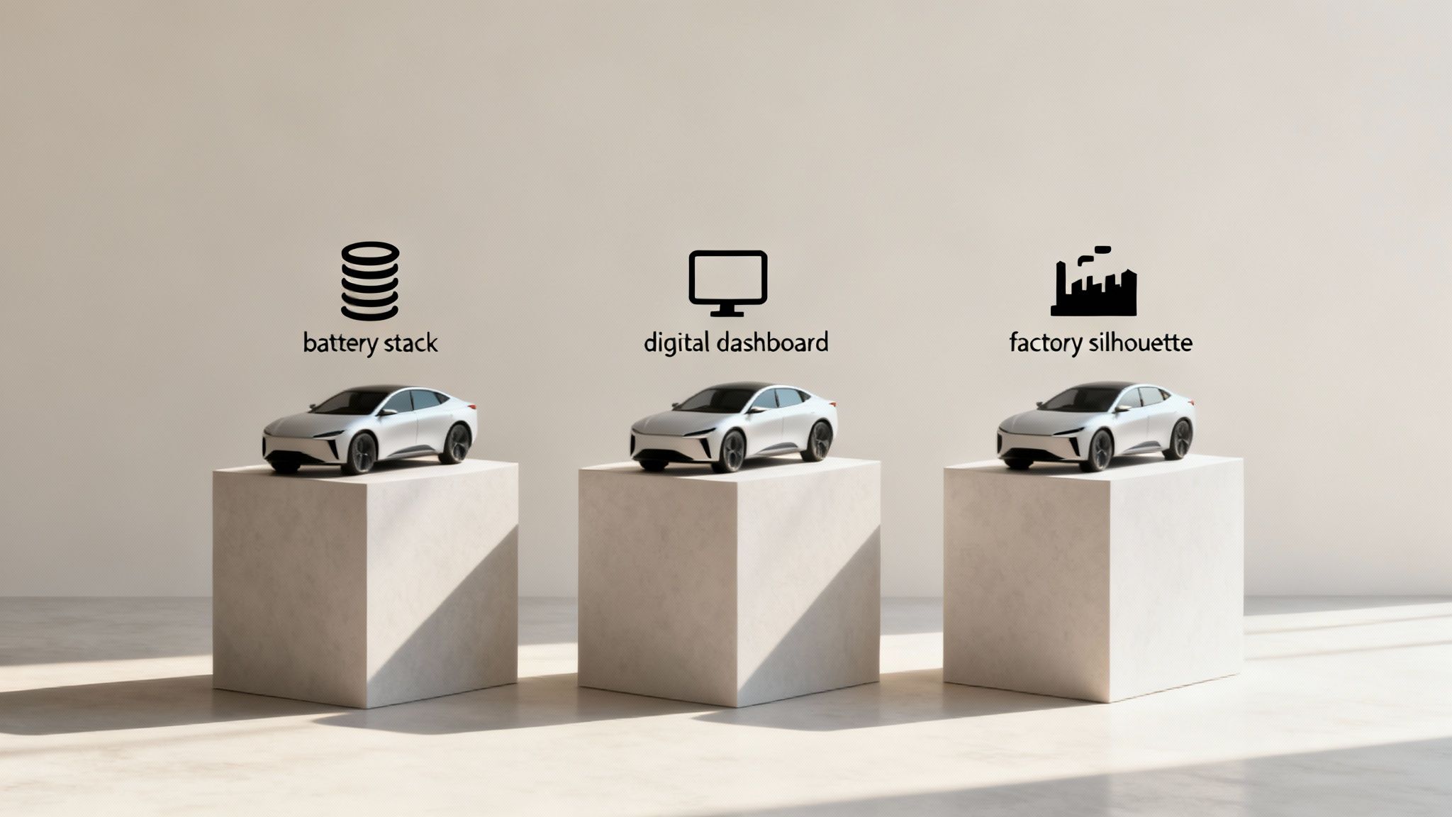 Three white electric cars displayed on pedestals with icons for battery stack, digital dashboard, and factory silhouette.