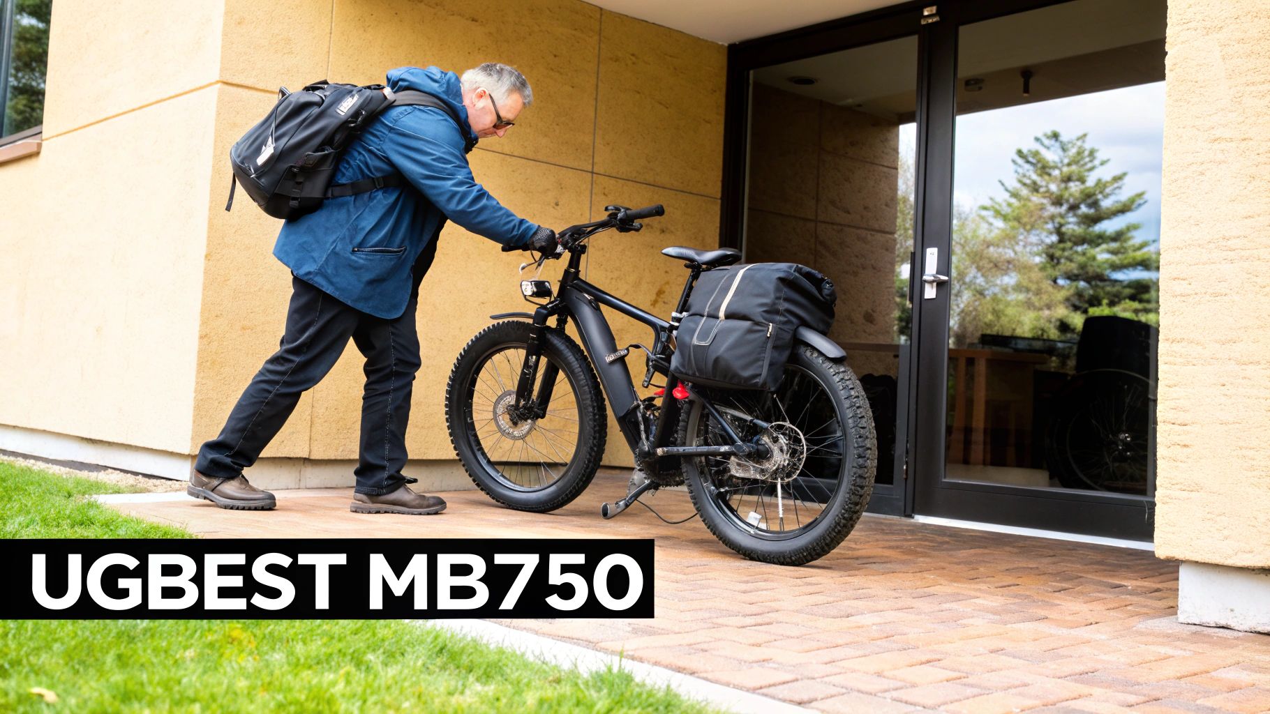 A man in a blue jacket with a backpack pushes a black fat-tire electric bike with panniers next to a building.