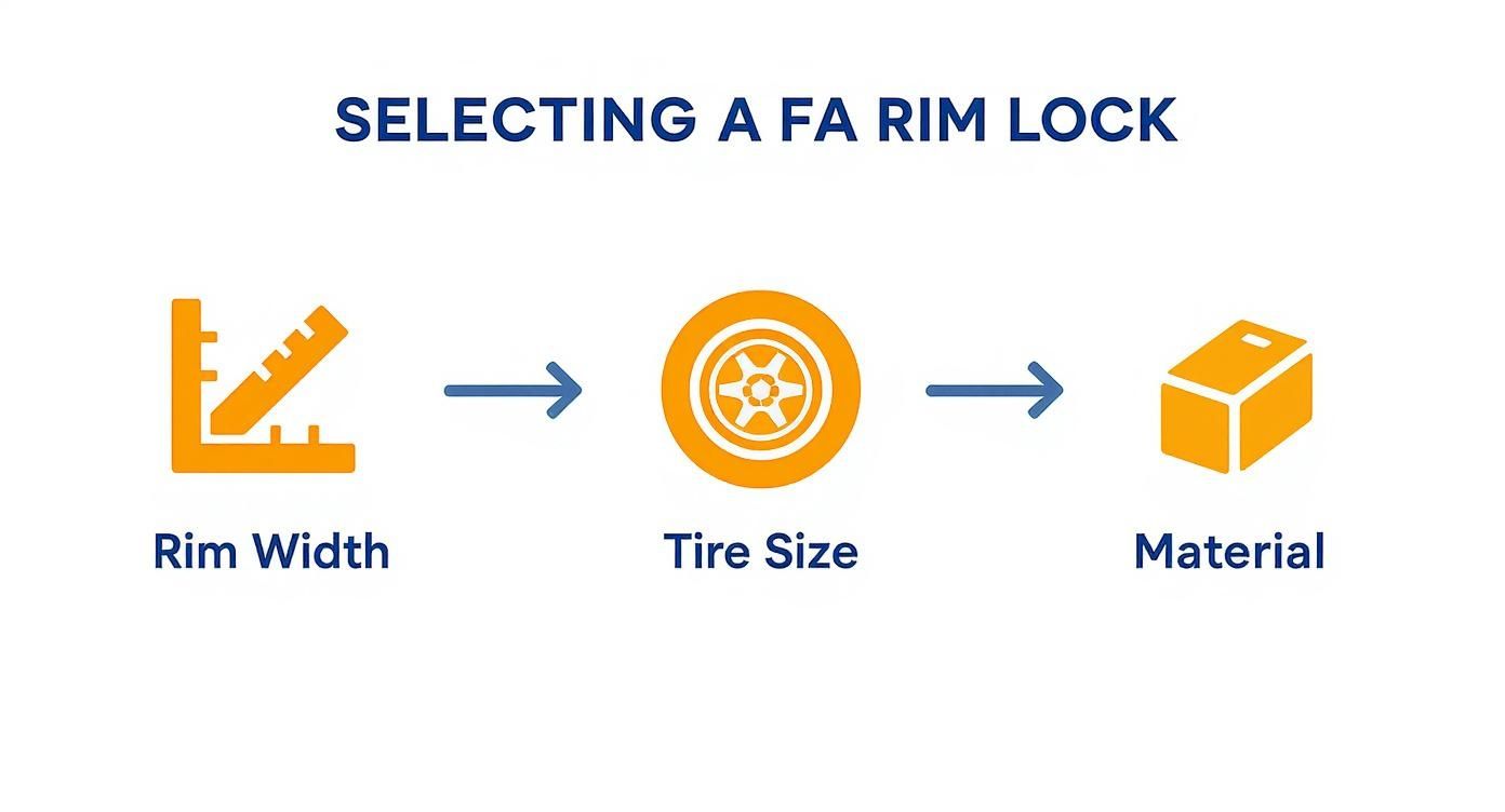 Steps to select a FA rim lock: measure rim width, check tire size, and choose material.